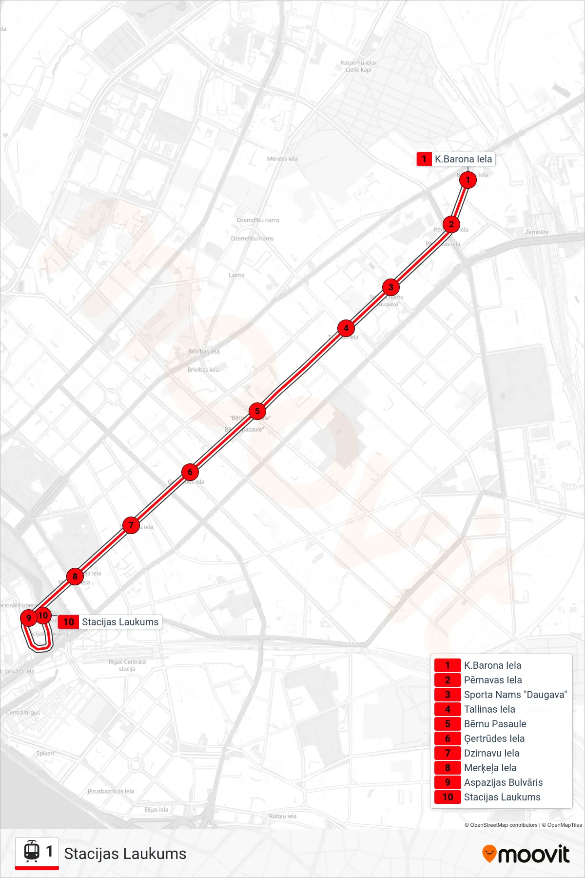 1 light rail Line (Stacijas Laukums) route and stops on a map