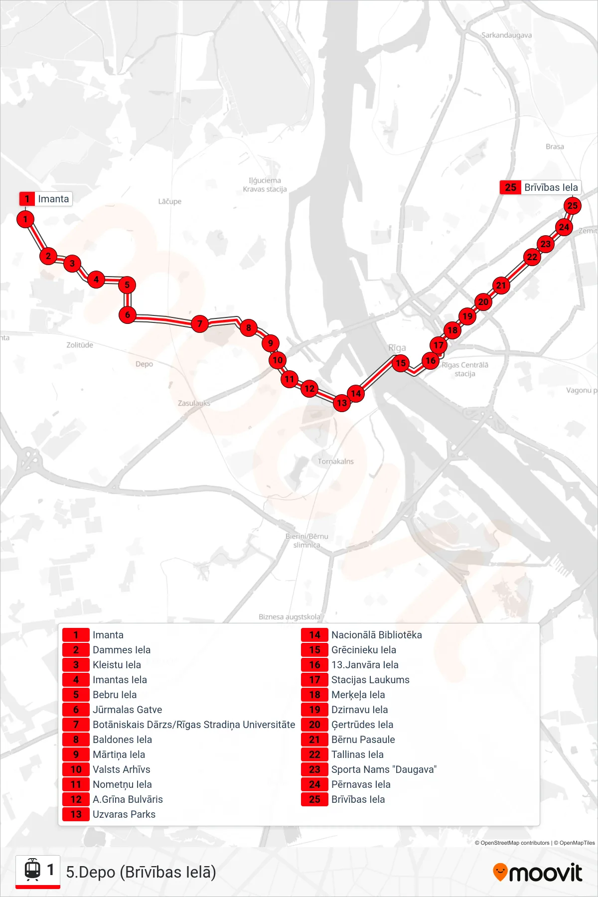 1 tram Line (5.Depo (Brīvības Ielā)) route and stops on a map