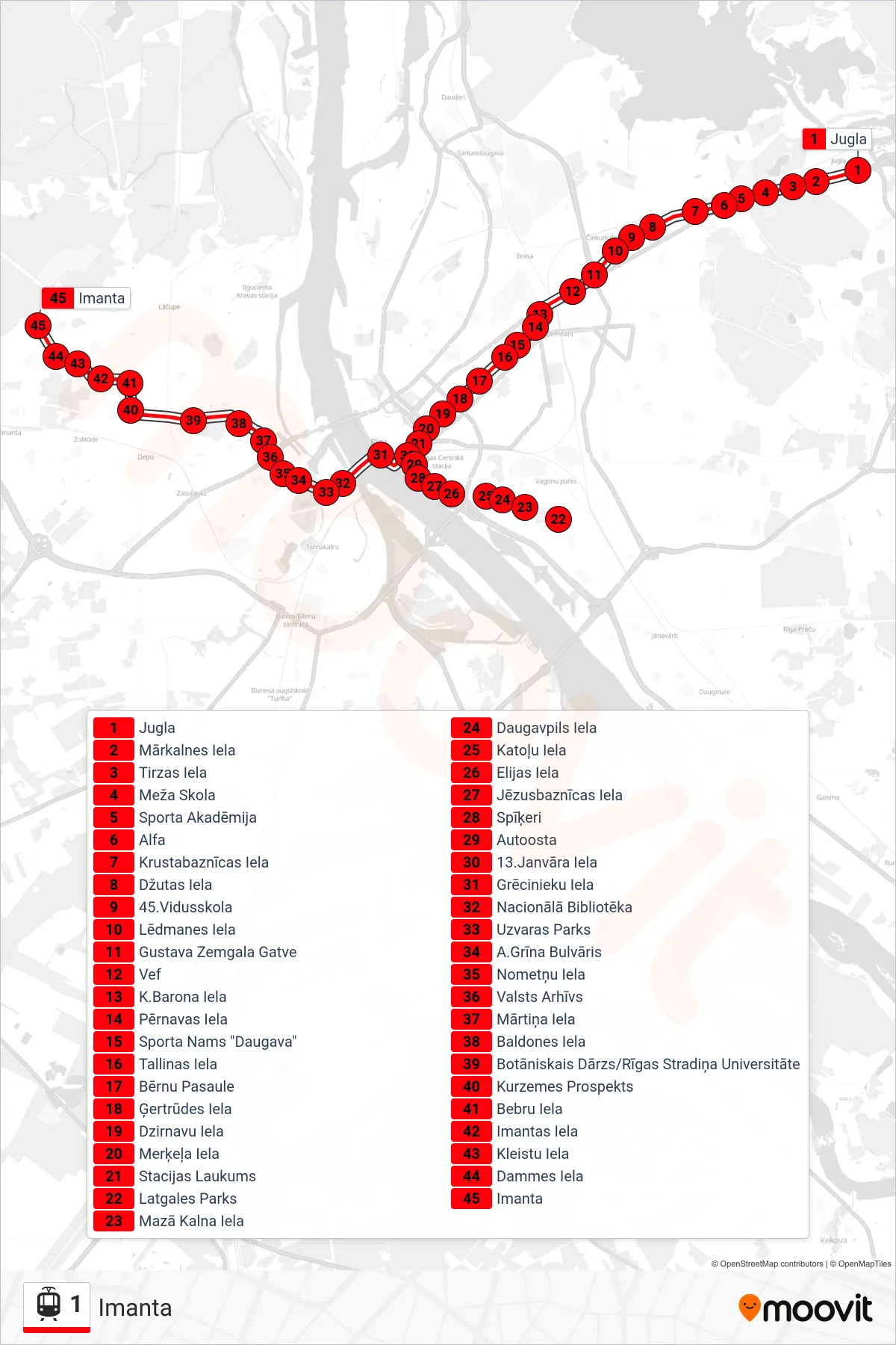 1 light rail Line (Imanta) route and stops on a map