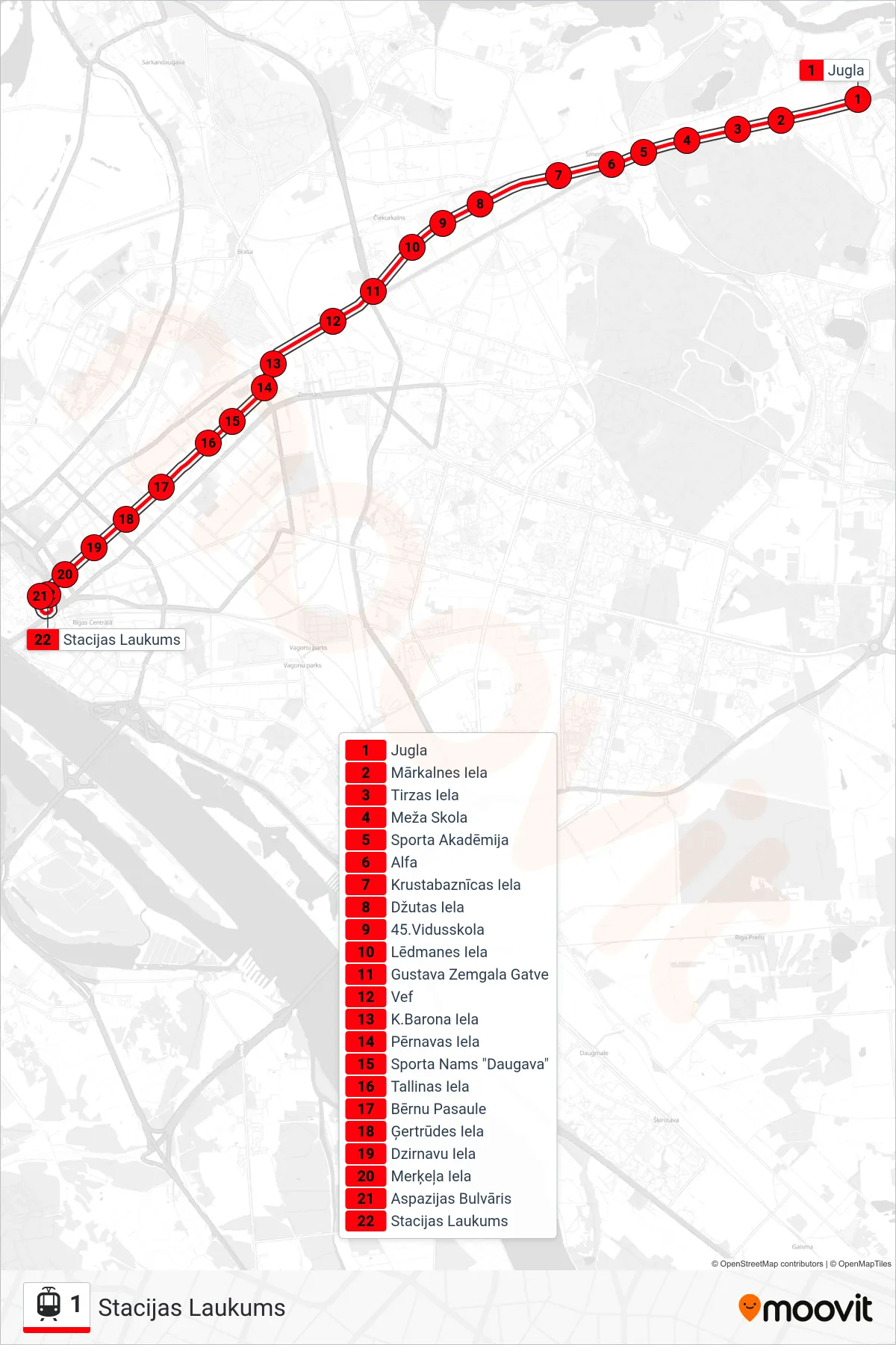 1 tram Line (Stacijas Laukums) route and stops on a map