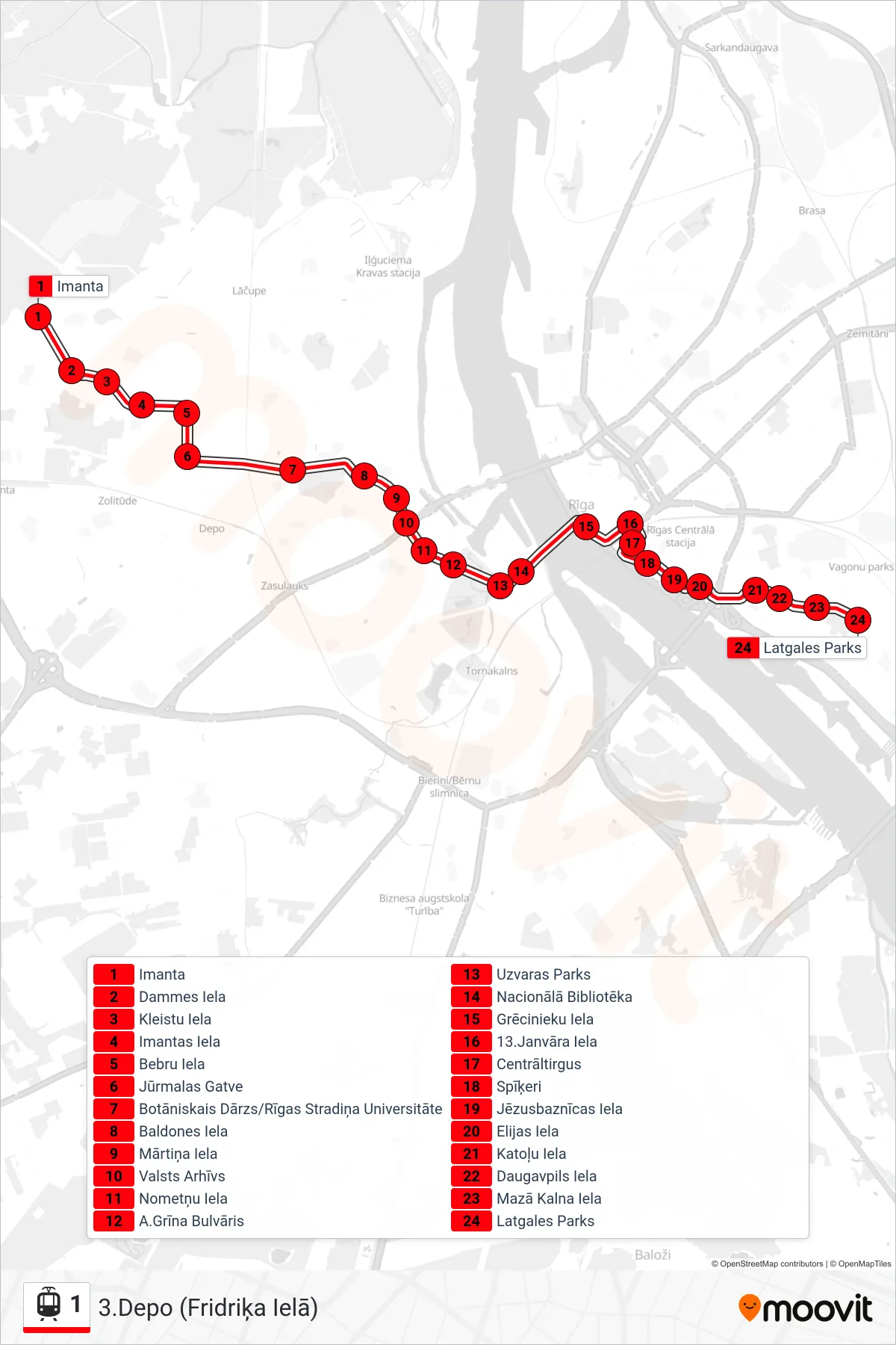 1 light rail Line (3.Depo (Fridriķa Ielā)) route and stops on a map