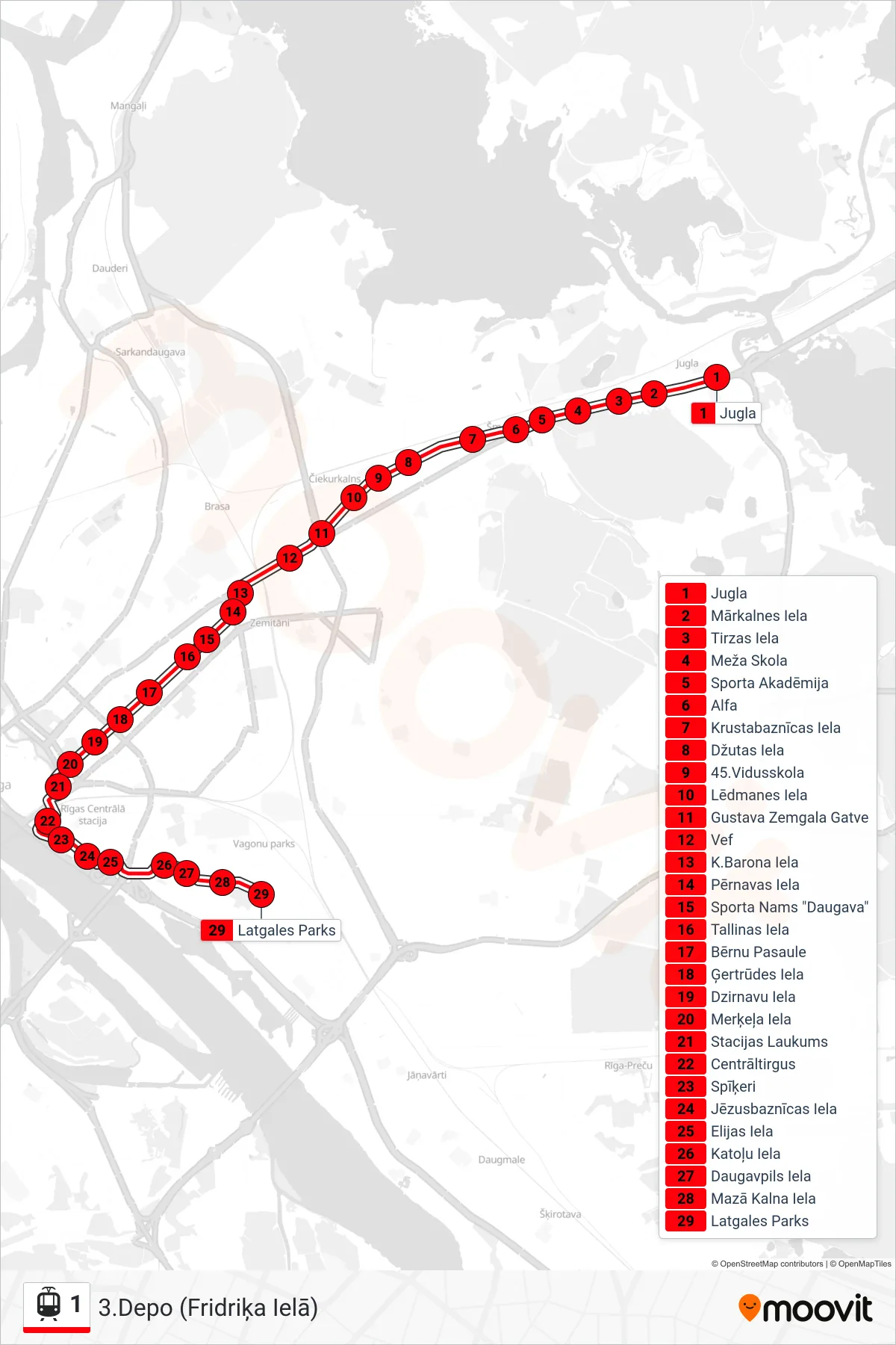 1 light rail Line (3.Depo (Fridriķa Ielā)) route and stops on a map