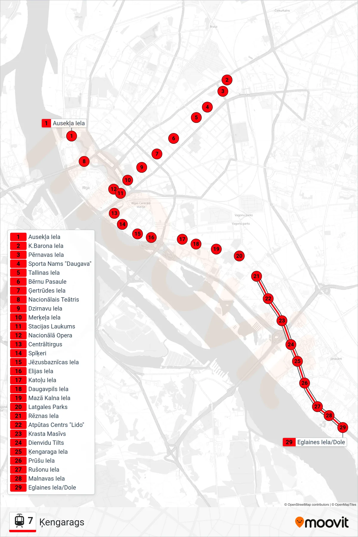 7 tram Line (Ķengarags) route and stops on a map