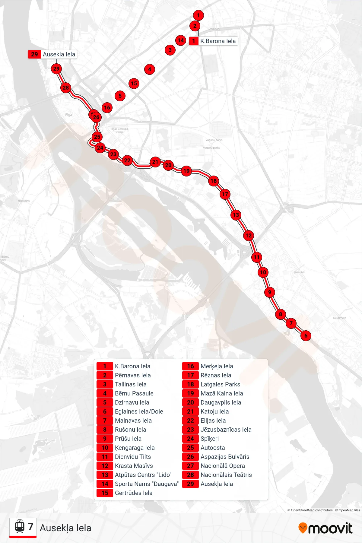 7 tram Line (Ausekļa Iela) route and stops on a map