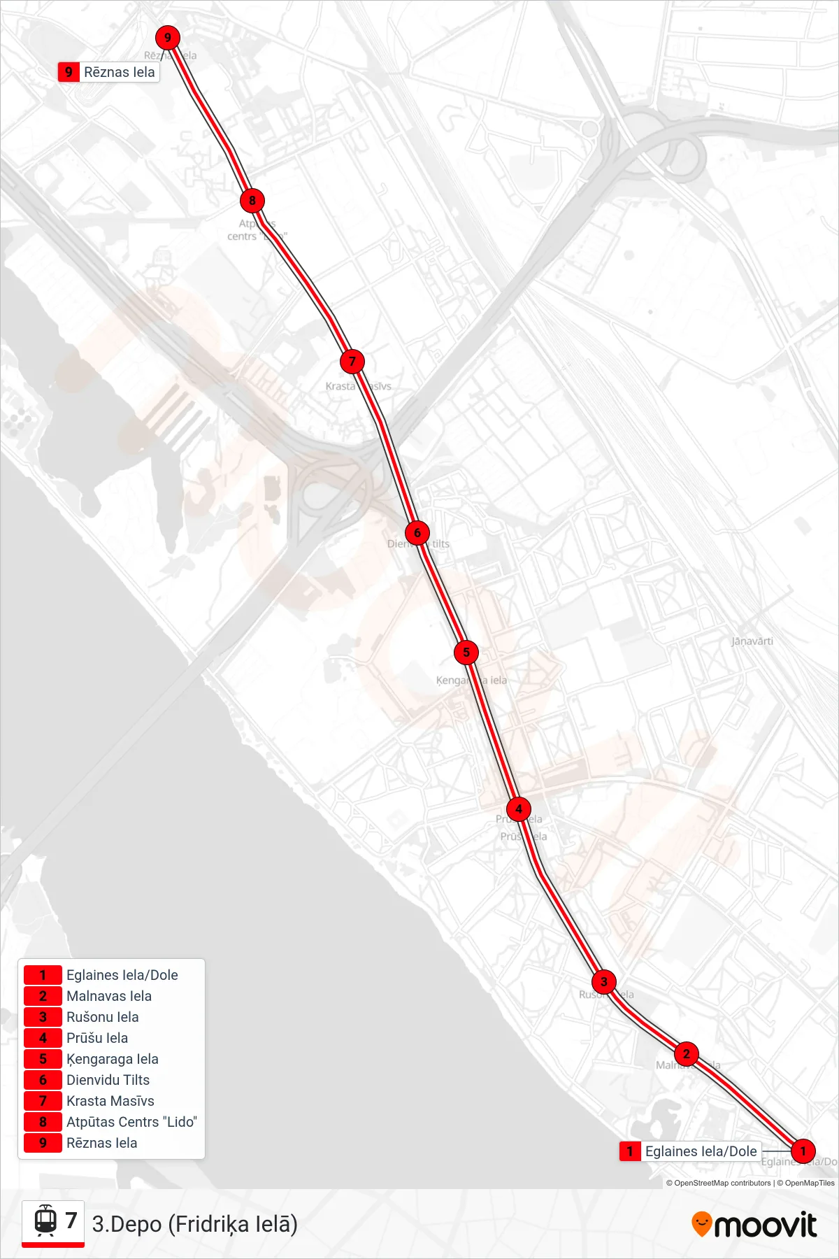 7 light rail Line (3.Depo (Fridriķa Ielā)) route and stops on a map