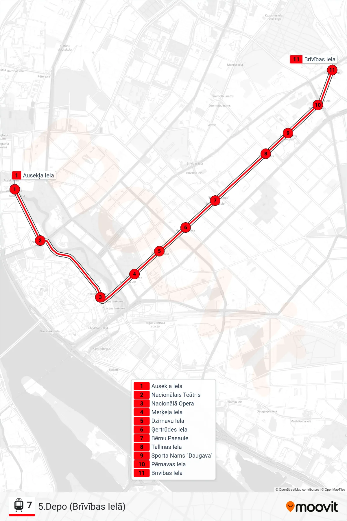 7 light rail Line (5.Depo (Brīvības Ielā)) route and stops on a map