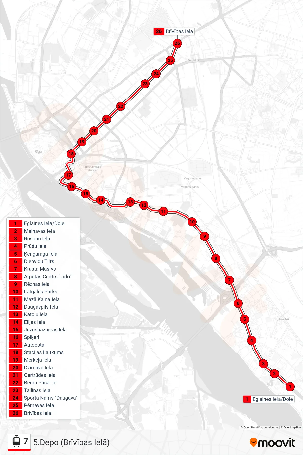 7 tram Line (5.Depo (Brīvības Ielā)) route and stops on a map