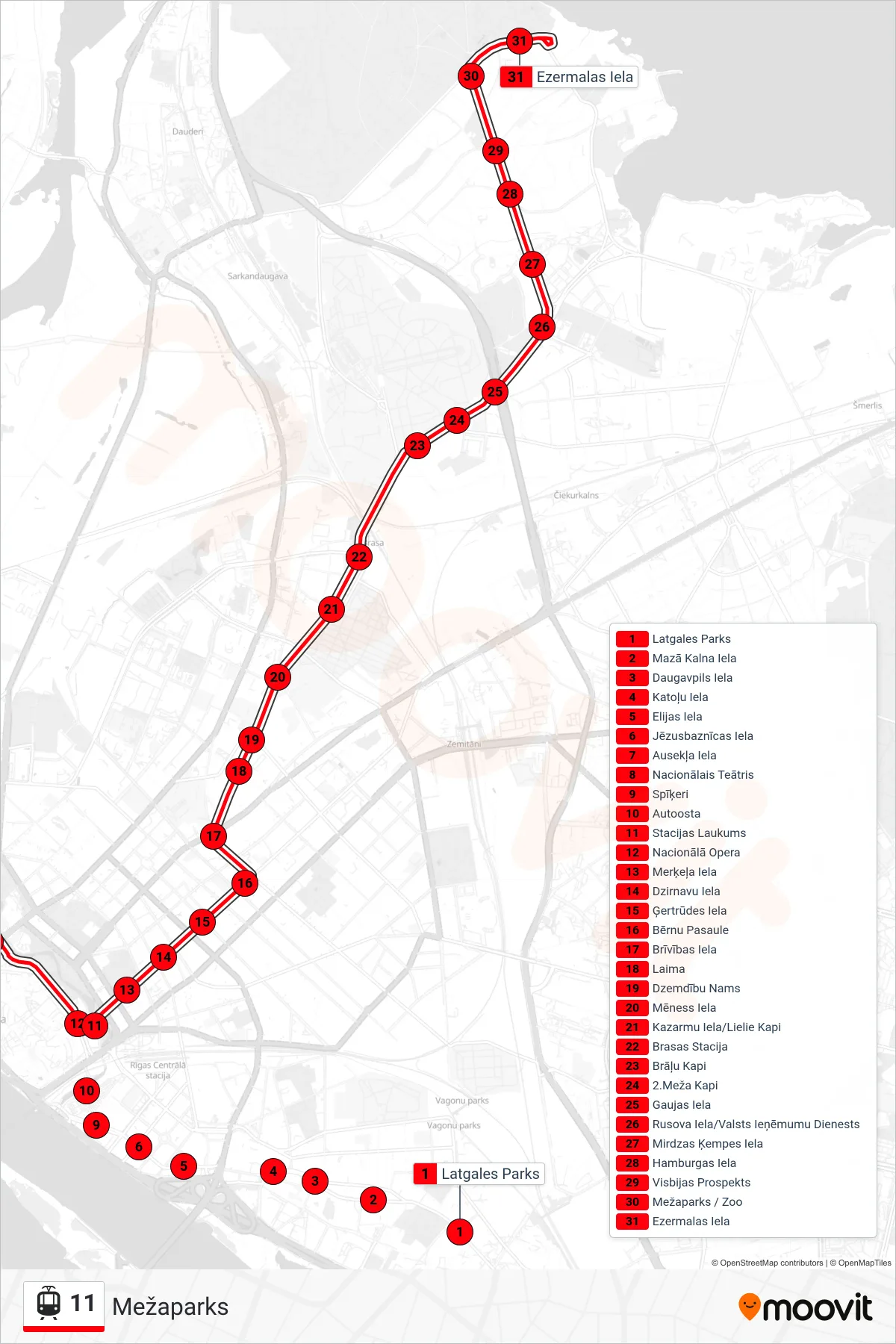 11 light rail Line (Mežaparks) route and stops on a map
