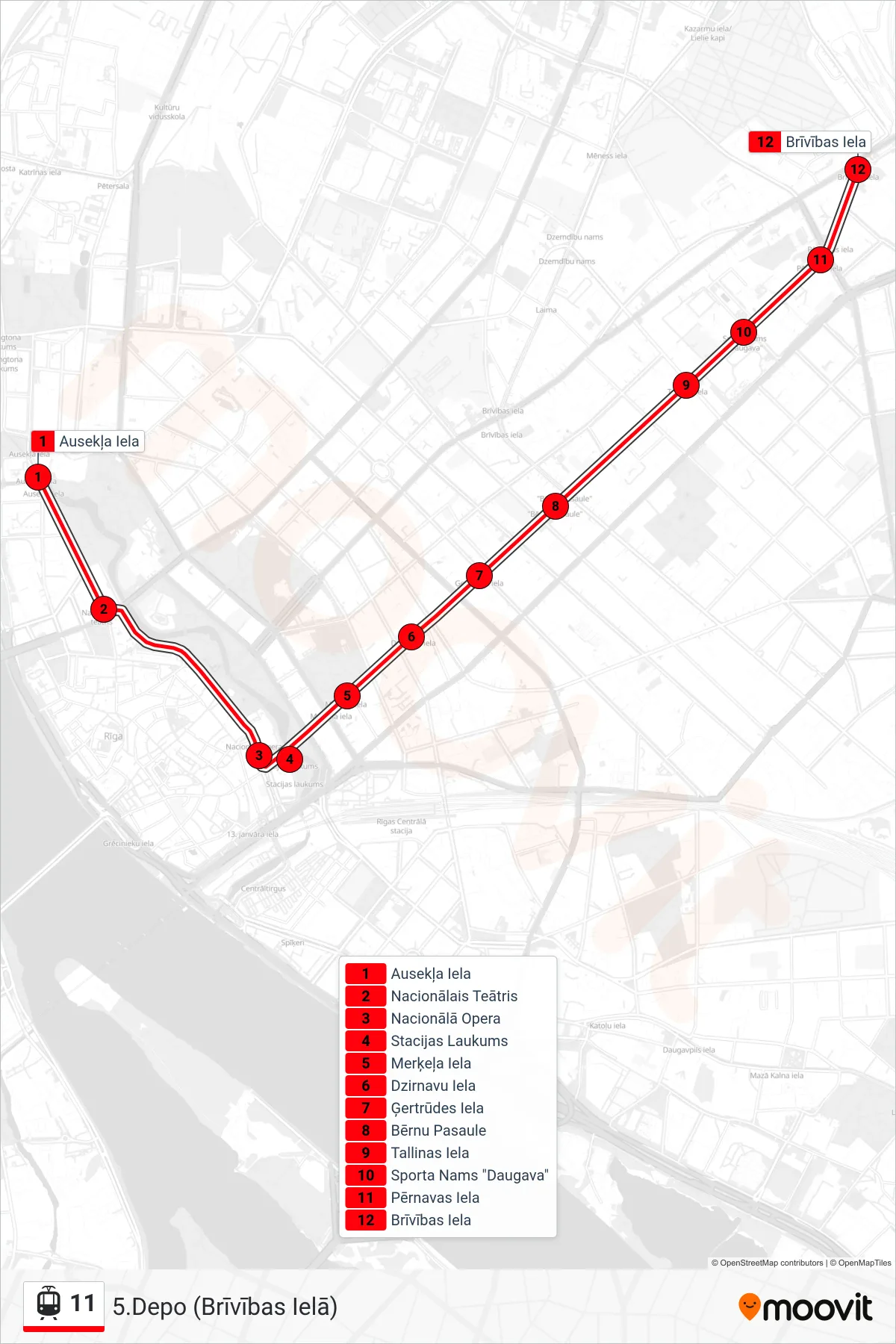 11 light rail Line (5.Depo (Brīvības Ielā)) route and stops on a map