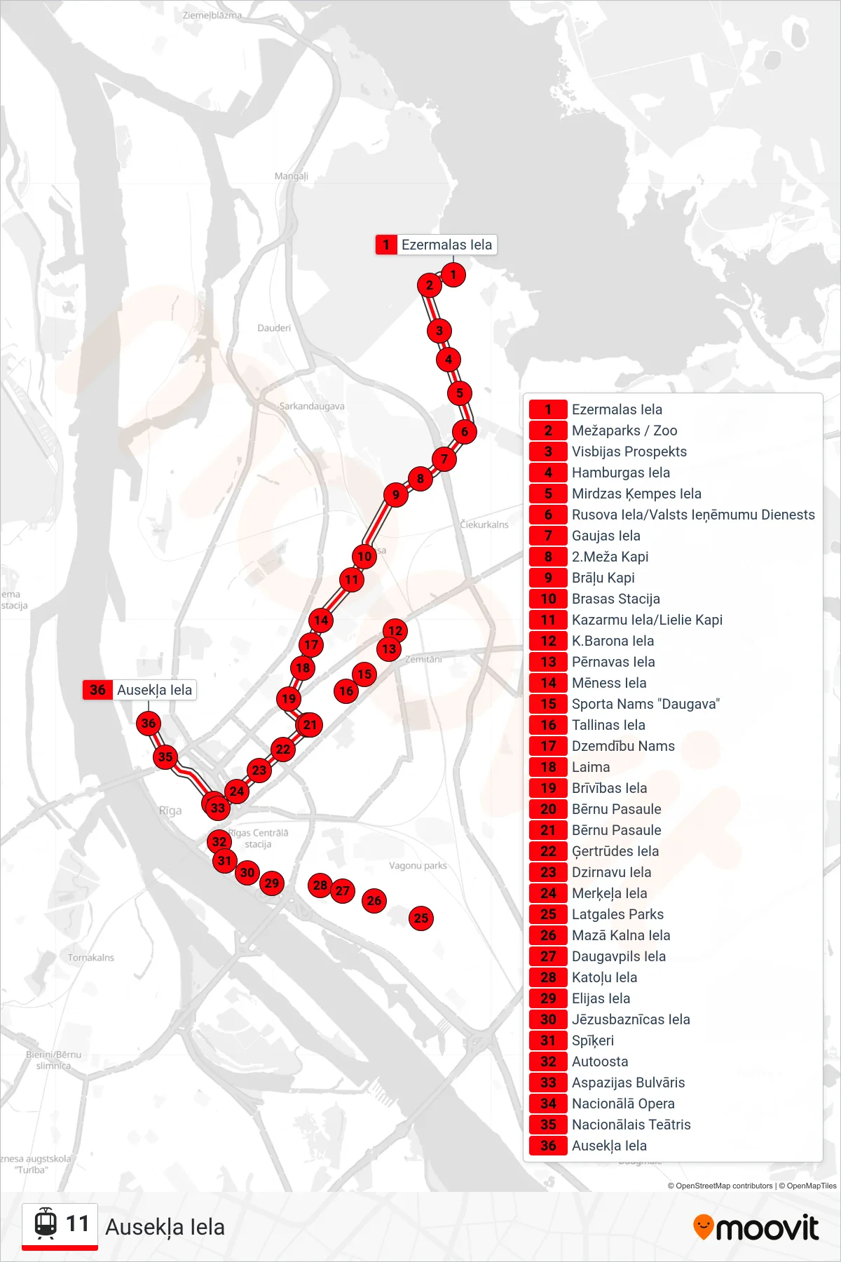 11 light rail Line (Ausekļa Iela) route and stops on a map
