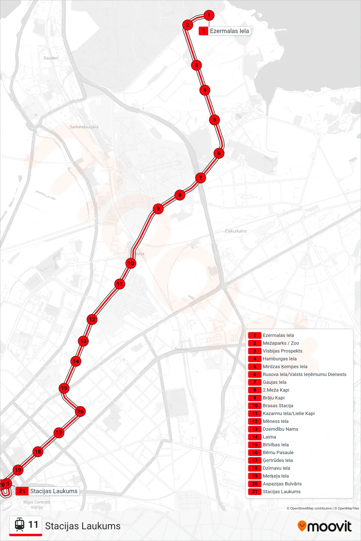 11 tram Line (Stacijas Laukums) route and stops on a map