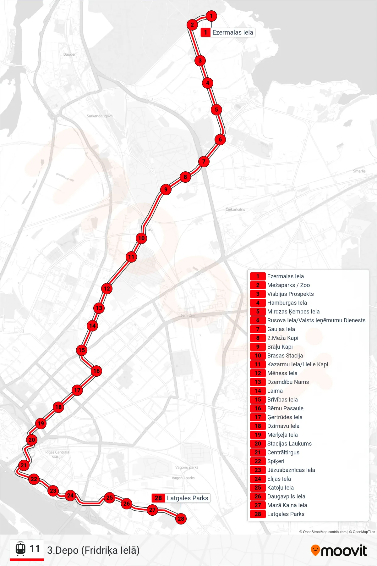 11 light rail Line (3.Depo (Fridriķa Ielā)) route and stops on a map