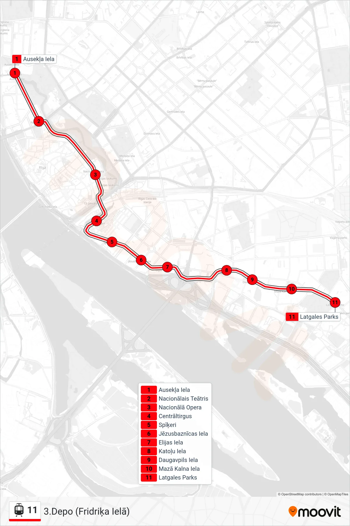 11 light rail Line (3.Depo (Fridriķa Ielā)) route and stops on a map