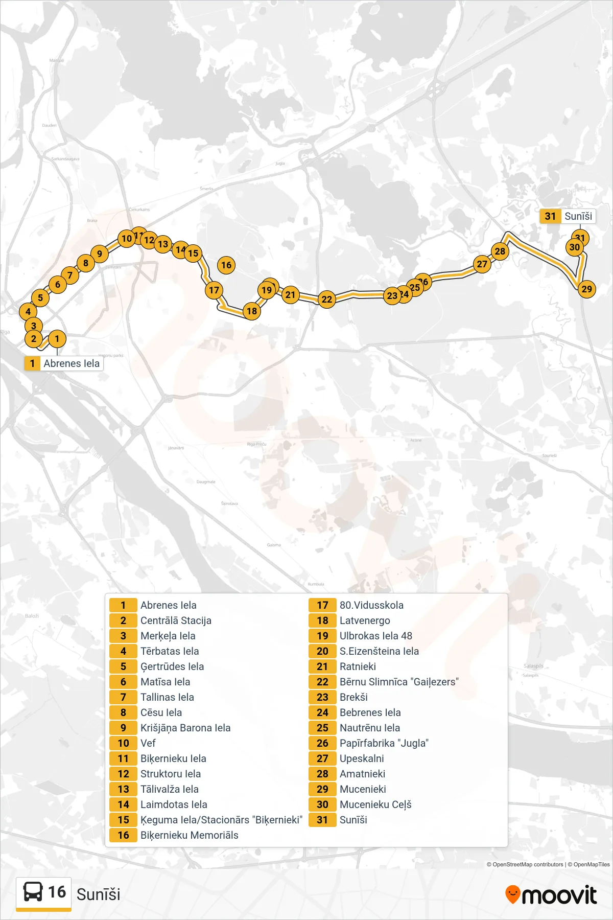 16 bus Line (Sunīši) route and stops on a map