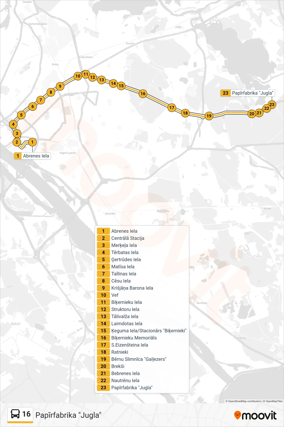 16 bus Line (Papīrfabrika "Jugla") route and stops on a map