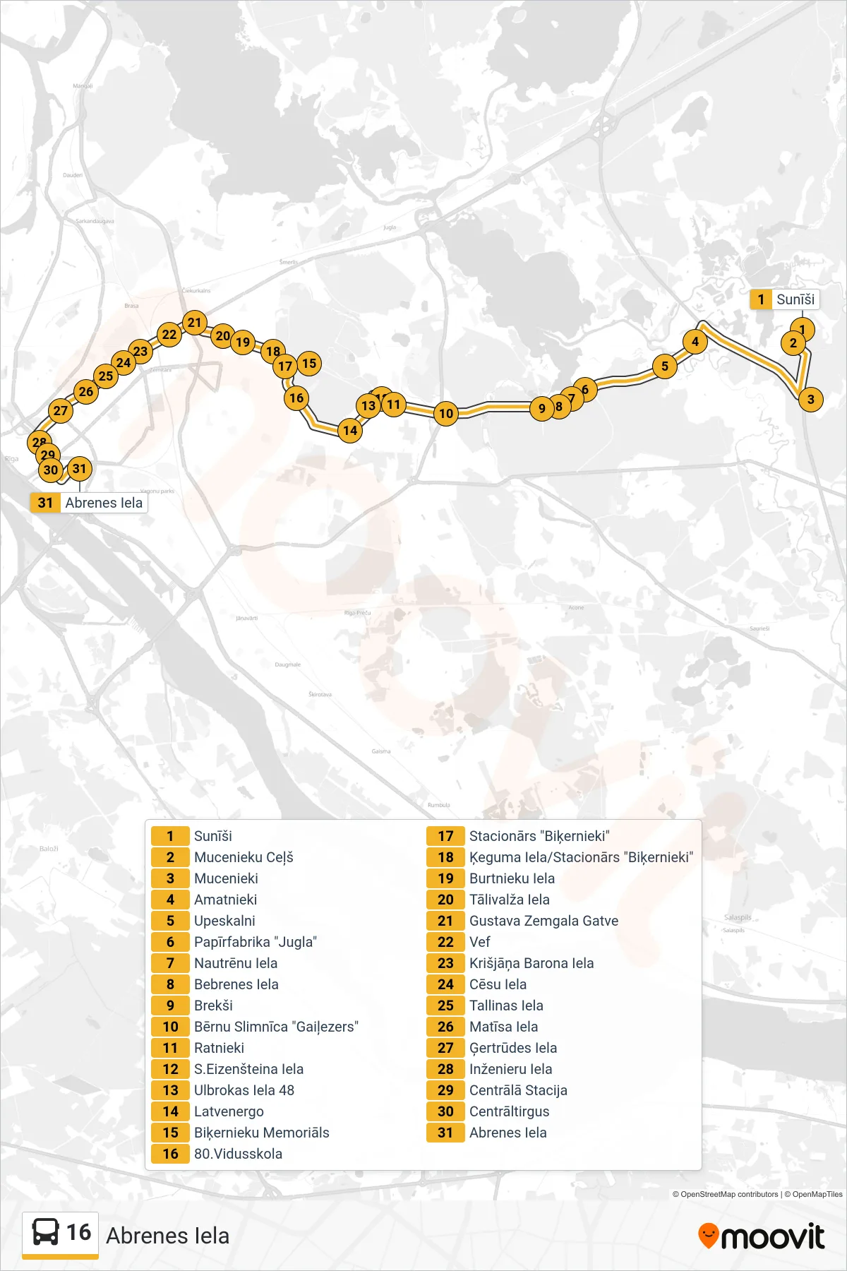 16 bus Line (Abrenes Iela) route and stops on a map