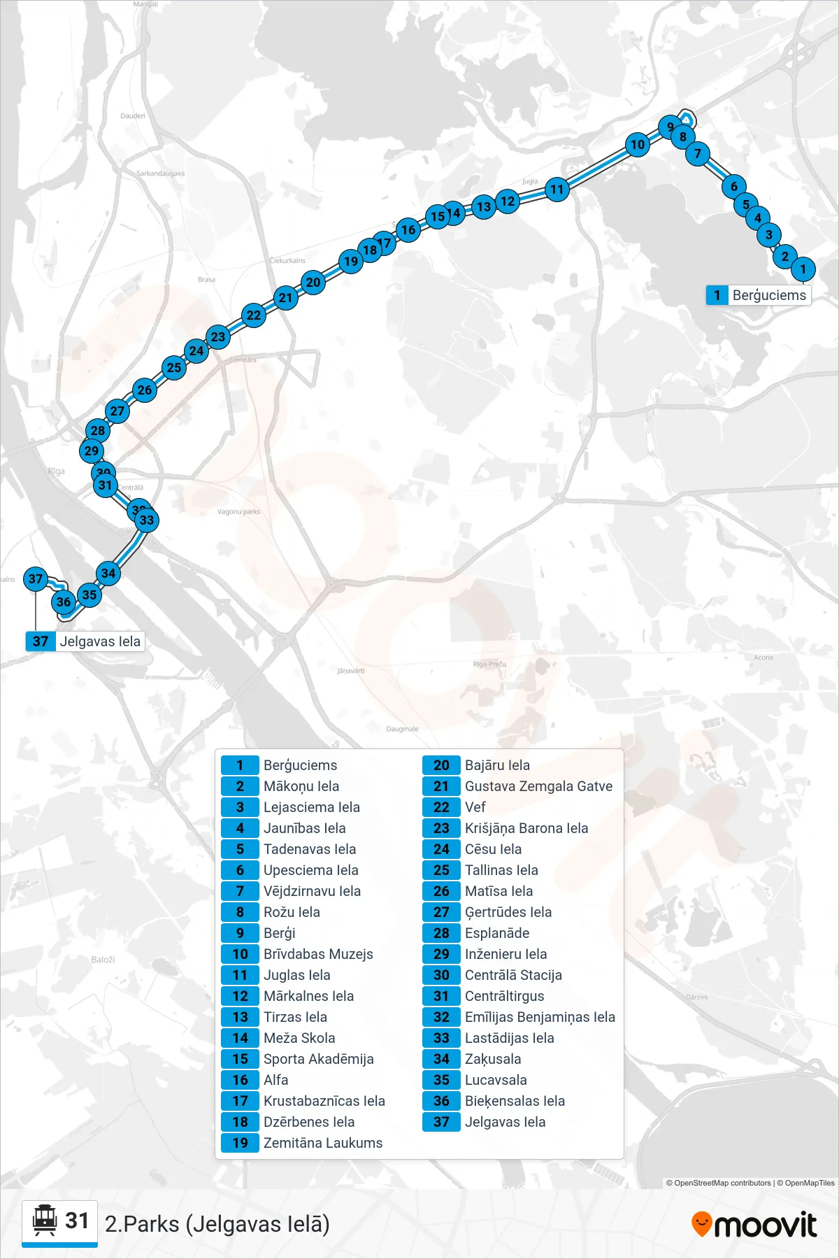 31 cable car Line (2.Parks (Jelgavas Ielā)) route and stops on a map
