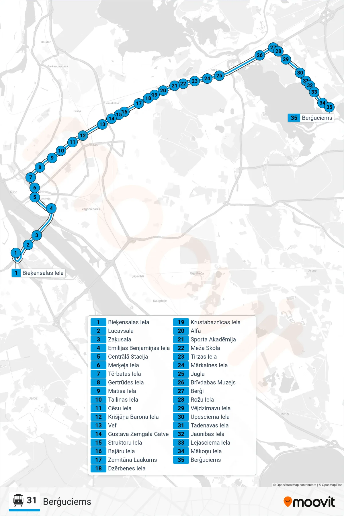 31 cable car Line (Berģuciems) route and stops on a map
