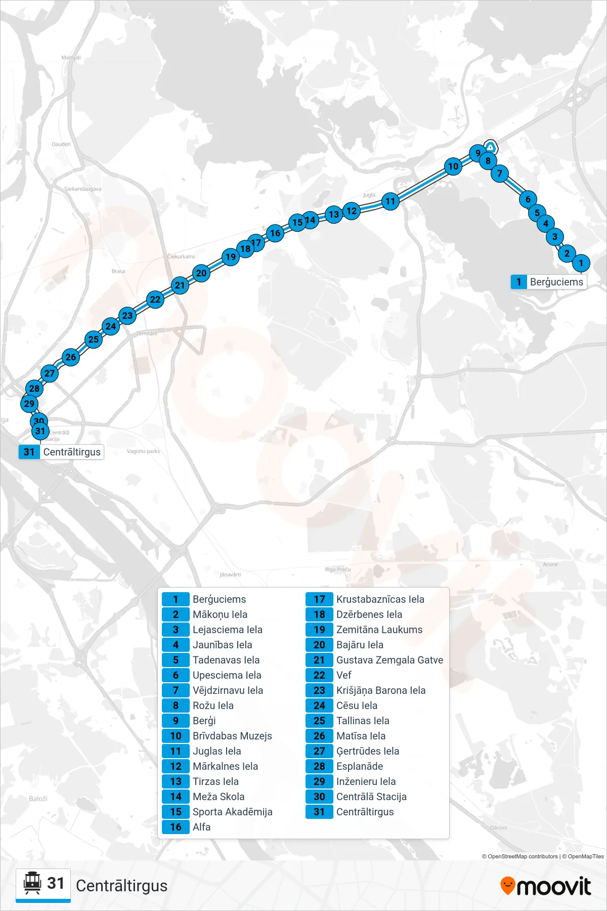 31 cable car Line (Centrāltirgus) route and stops on a map
