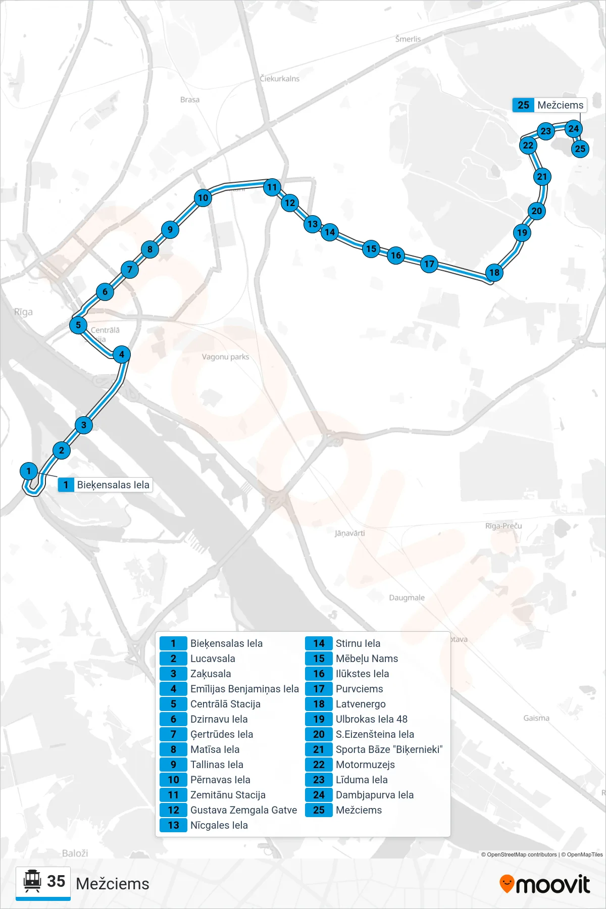 35 cable car Line (Mežciems) route and stops on a map