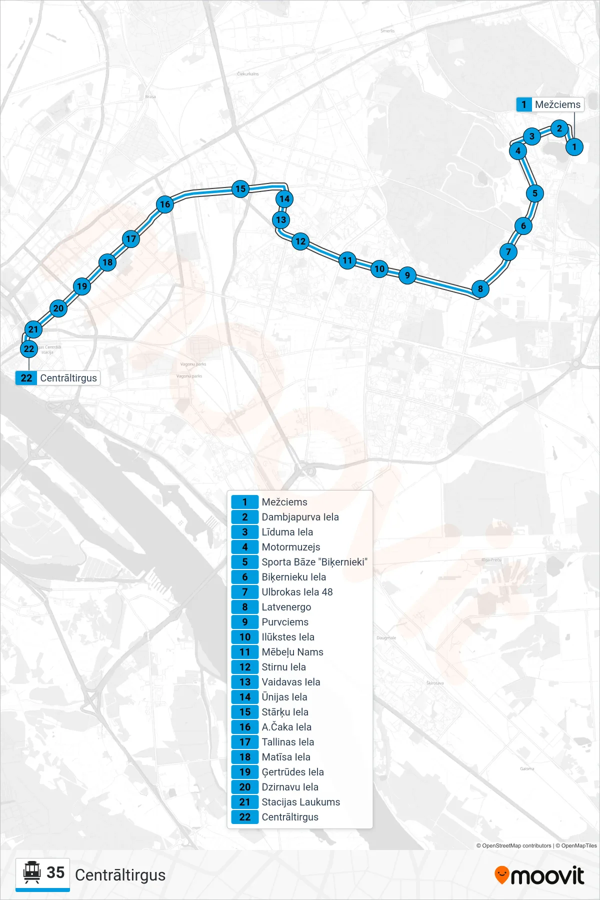 35 cable car Line (Centrāltirgus) route and stops on a map