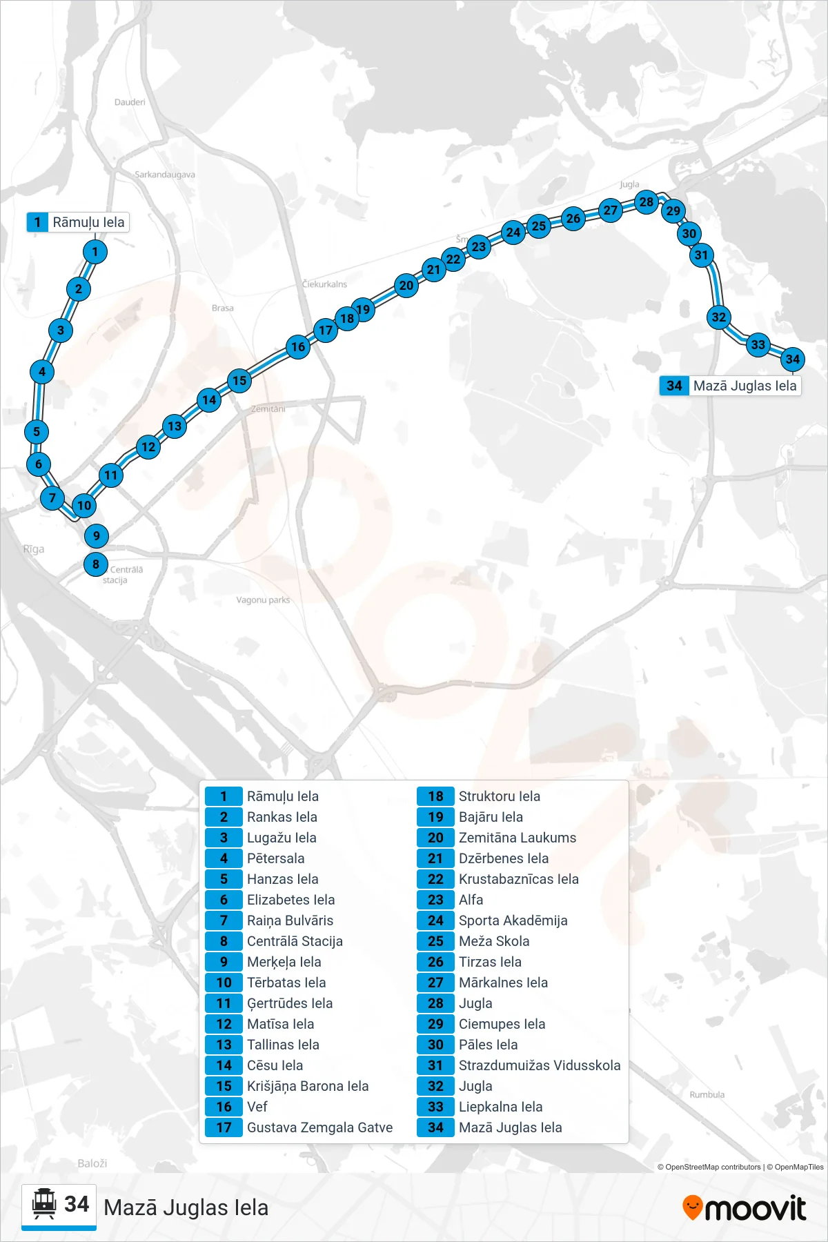 34 cable car Line (Mazā Juglas Iela) route and stops on a map