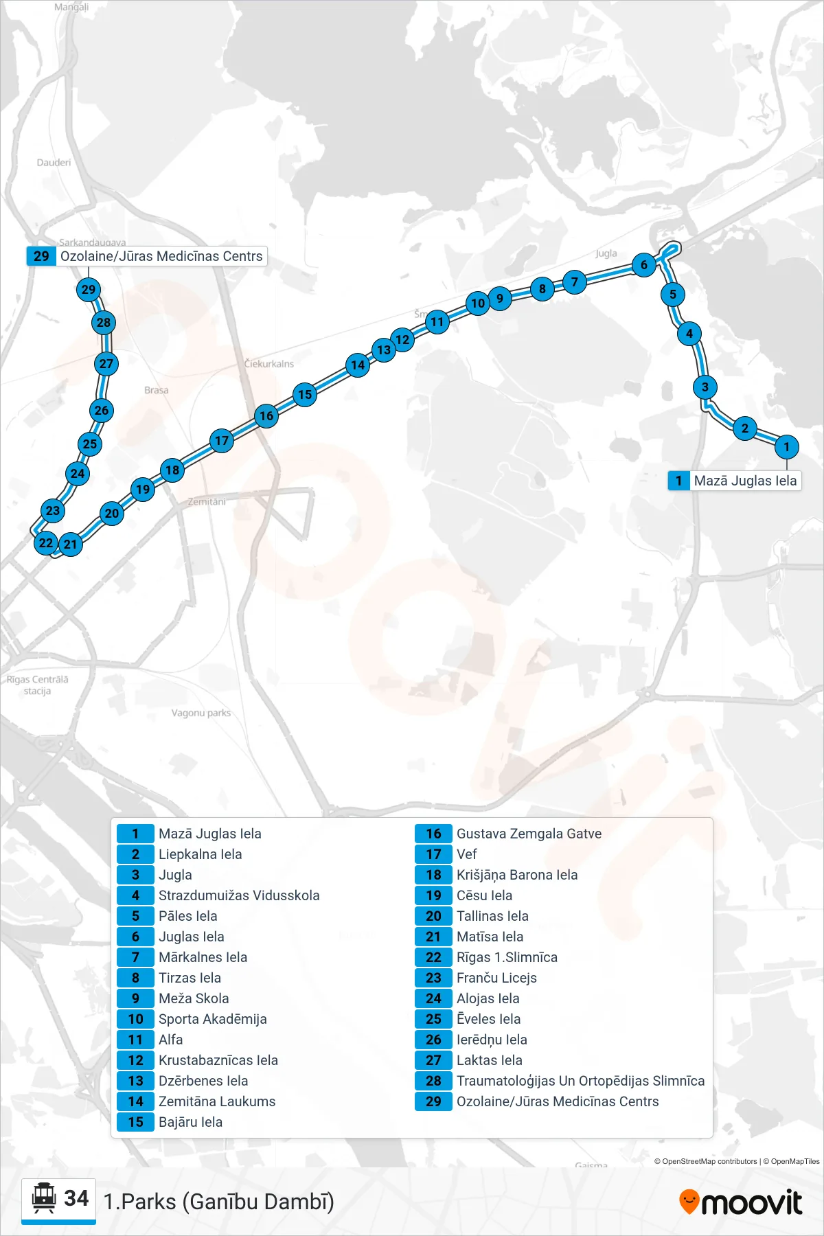 34 cable car Line (1.Parks (Ganību Dambī)) route and stops on a map