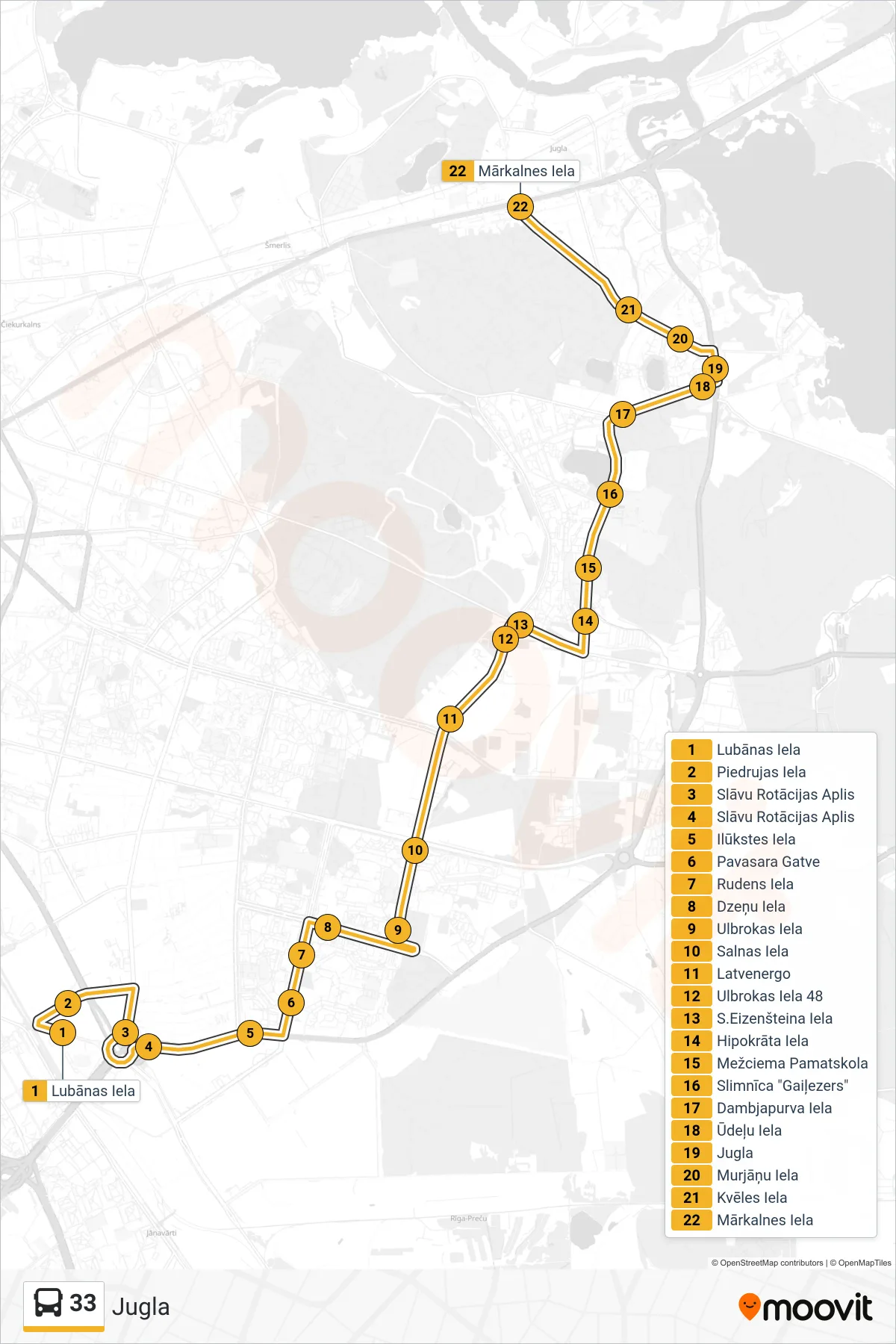 33 bus Line (Jugla) route and stops on a map