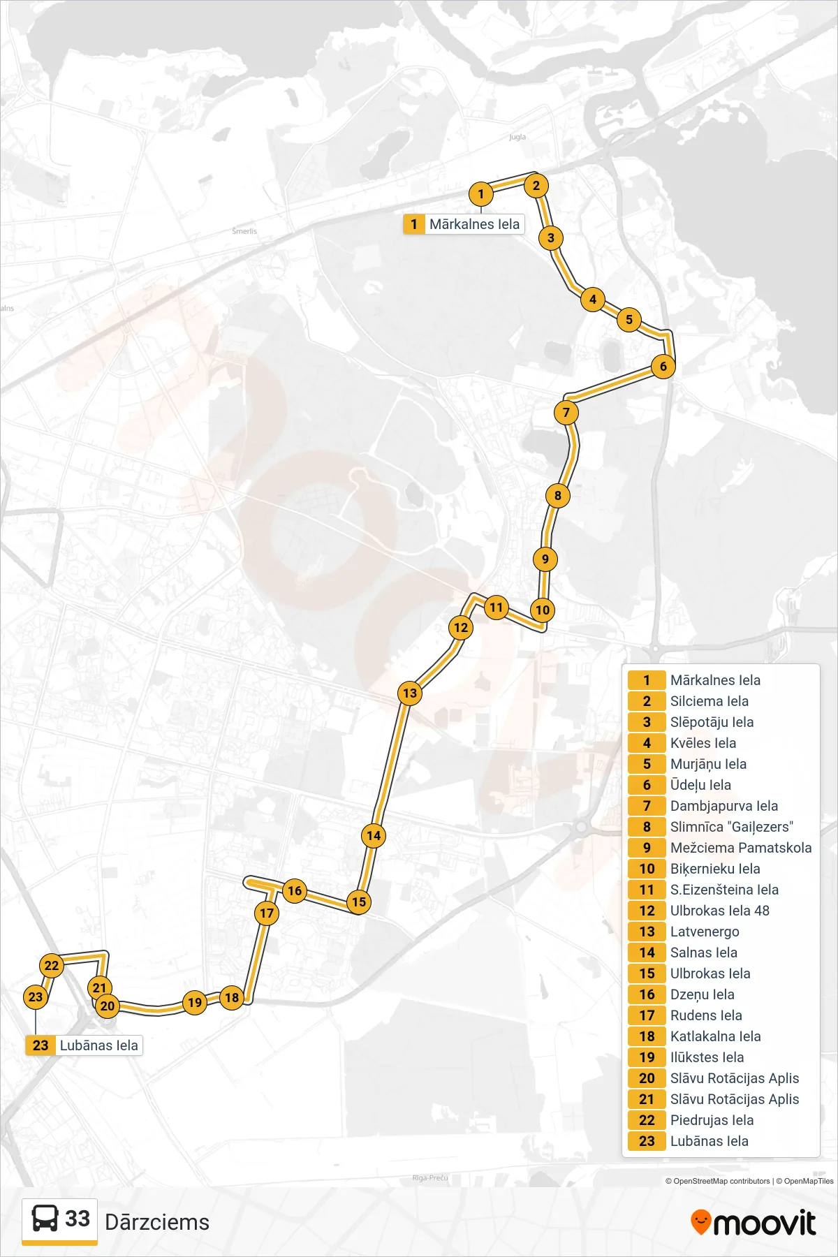 33 bus Line (Dārzciems) route and stops on a map