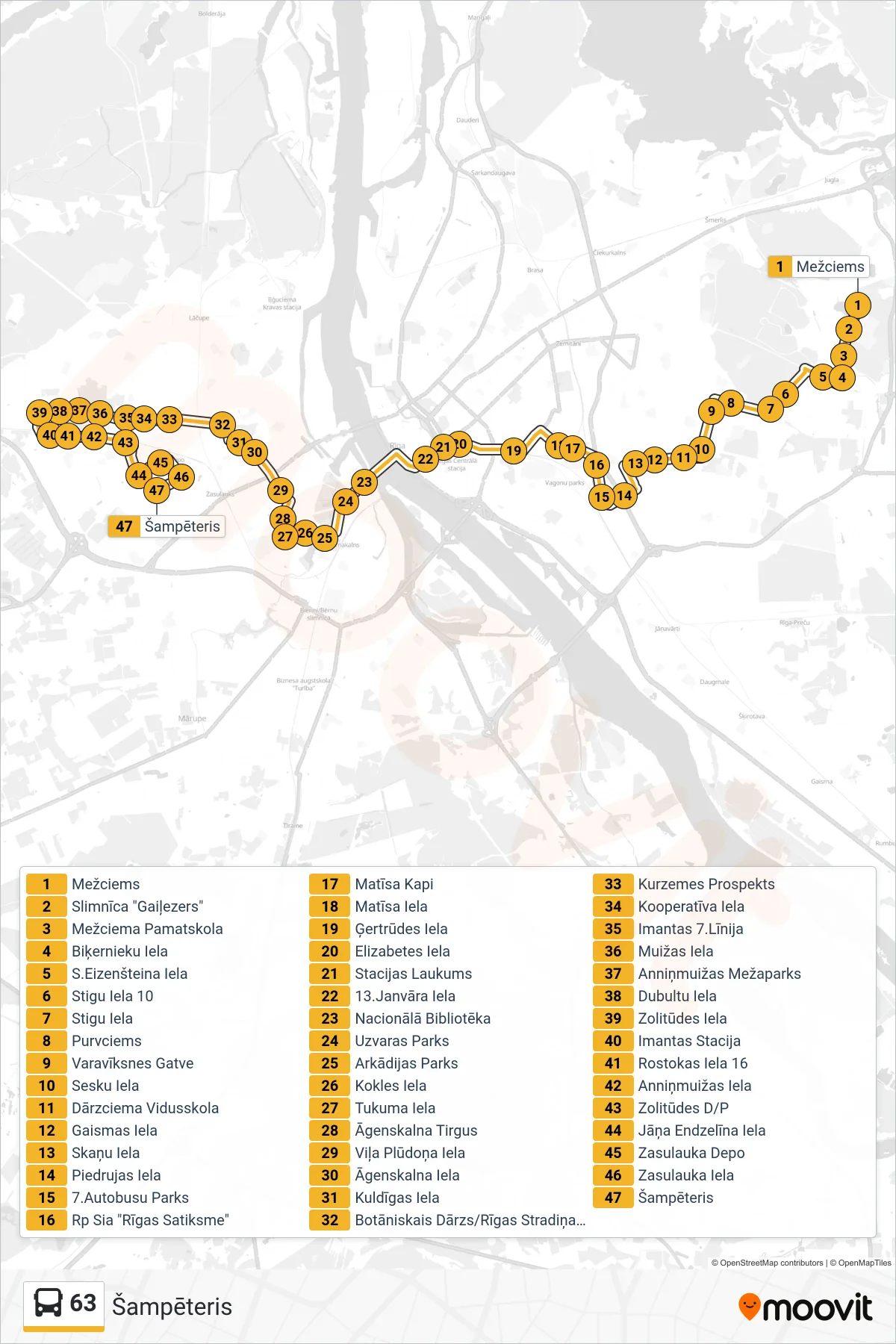 63 bus Line (Šampēteris) route and stops on a map