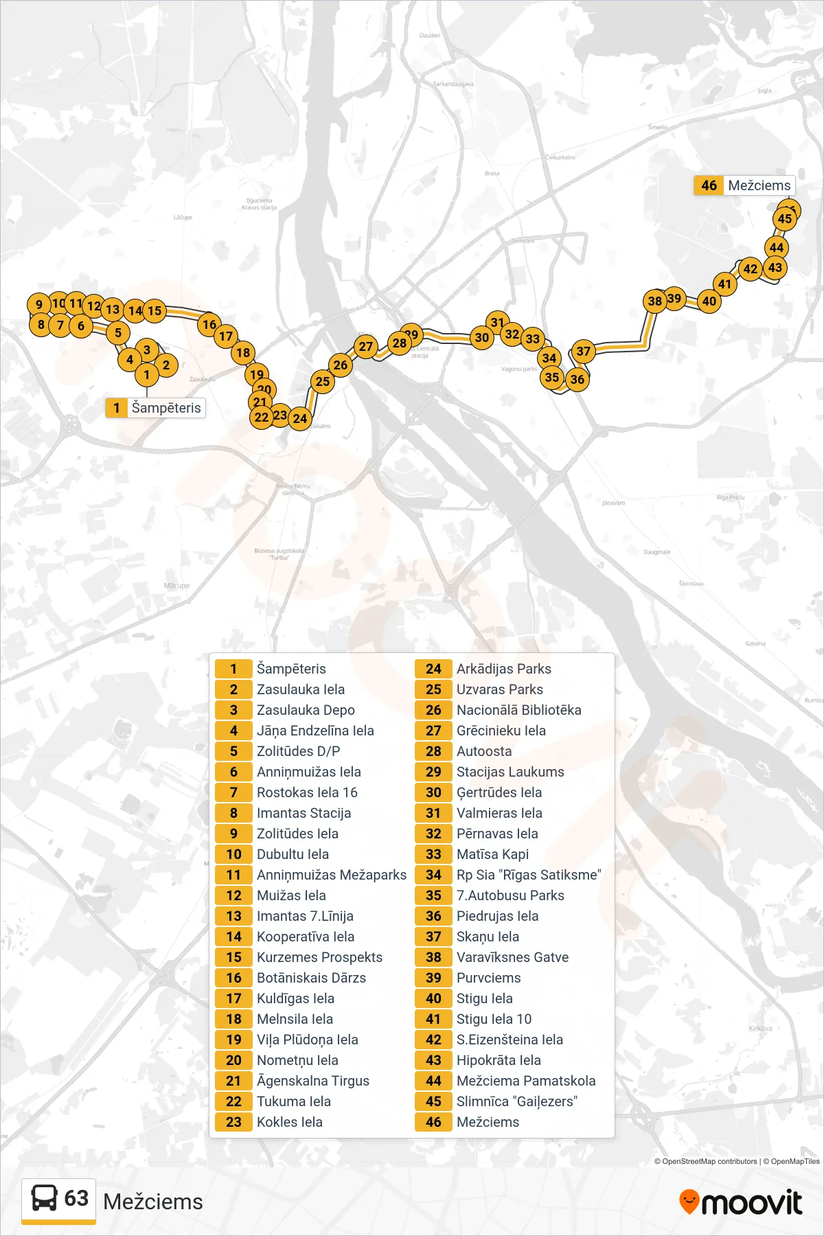 63 bus Line (Mežciems) route and stops on a map