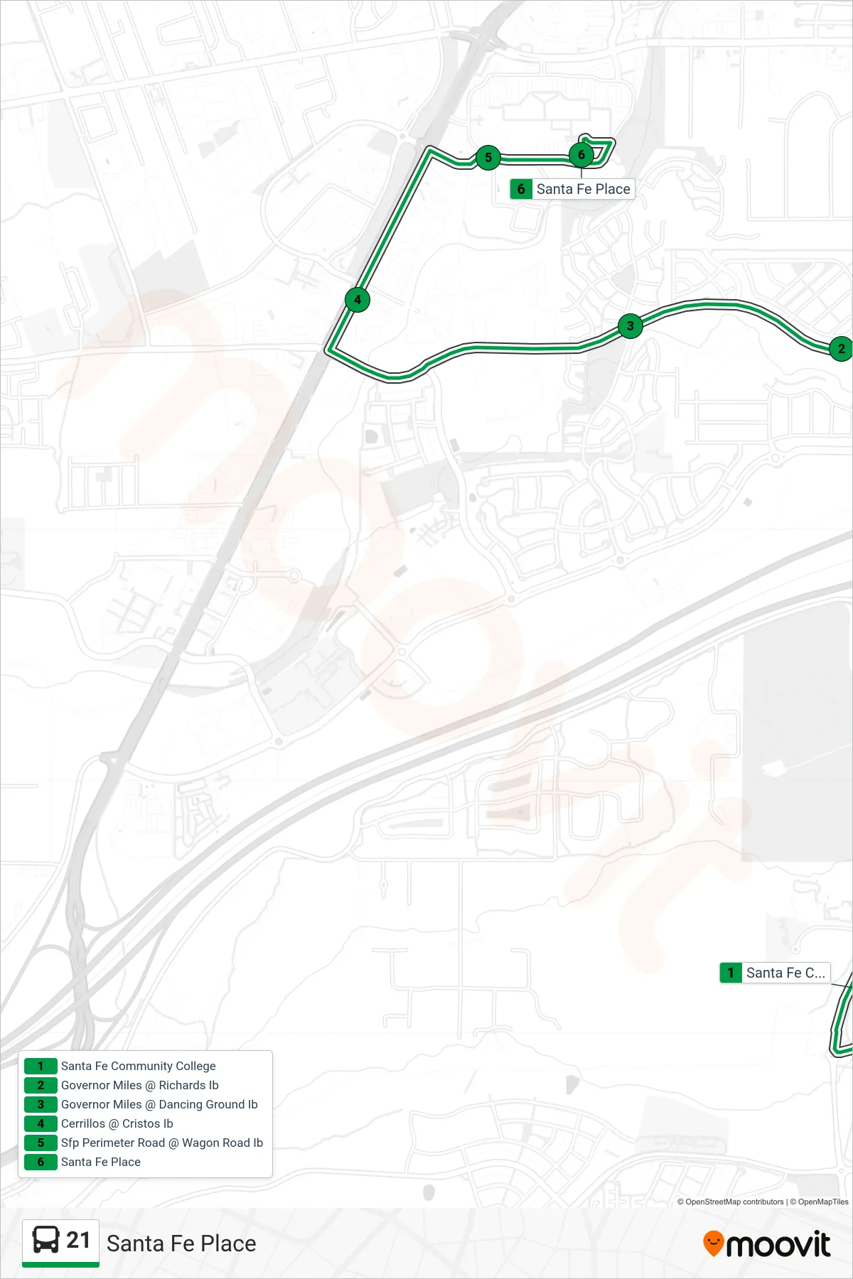21 bus Line (Santa Fe Place) route and stops on a map