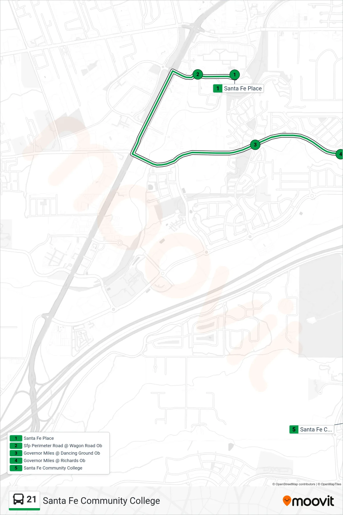 21 bus Line (Santa Fe Community College) route and stops on a map