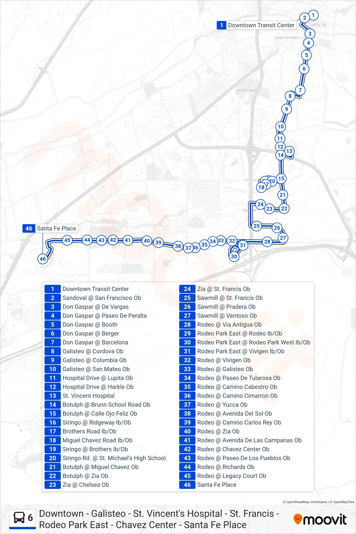 6 bus Line (Santa Fe Place) route and stops on a map