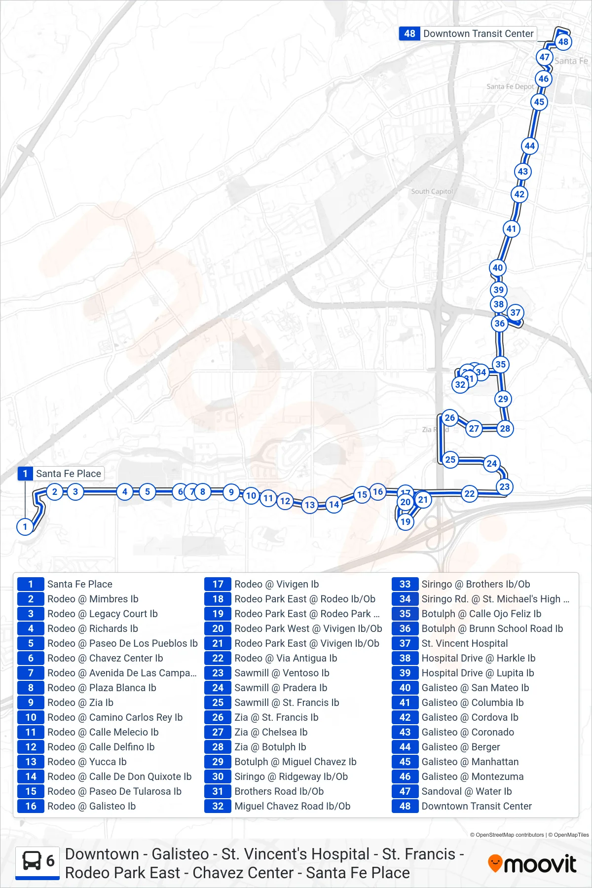6 bus Line (Downtown Transit Center) route and stops on a map