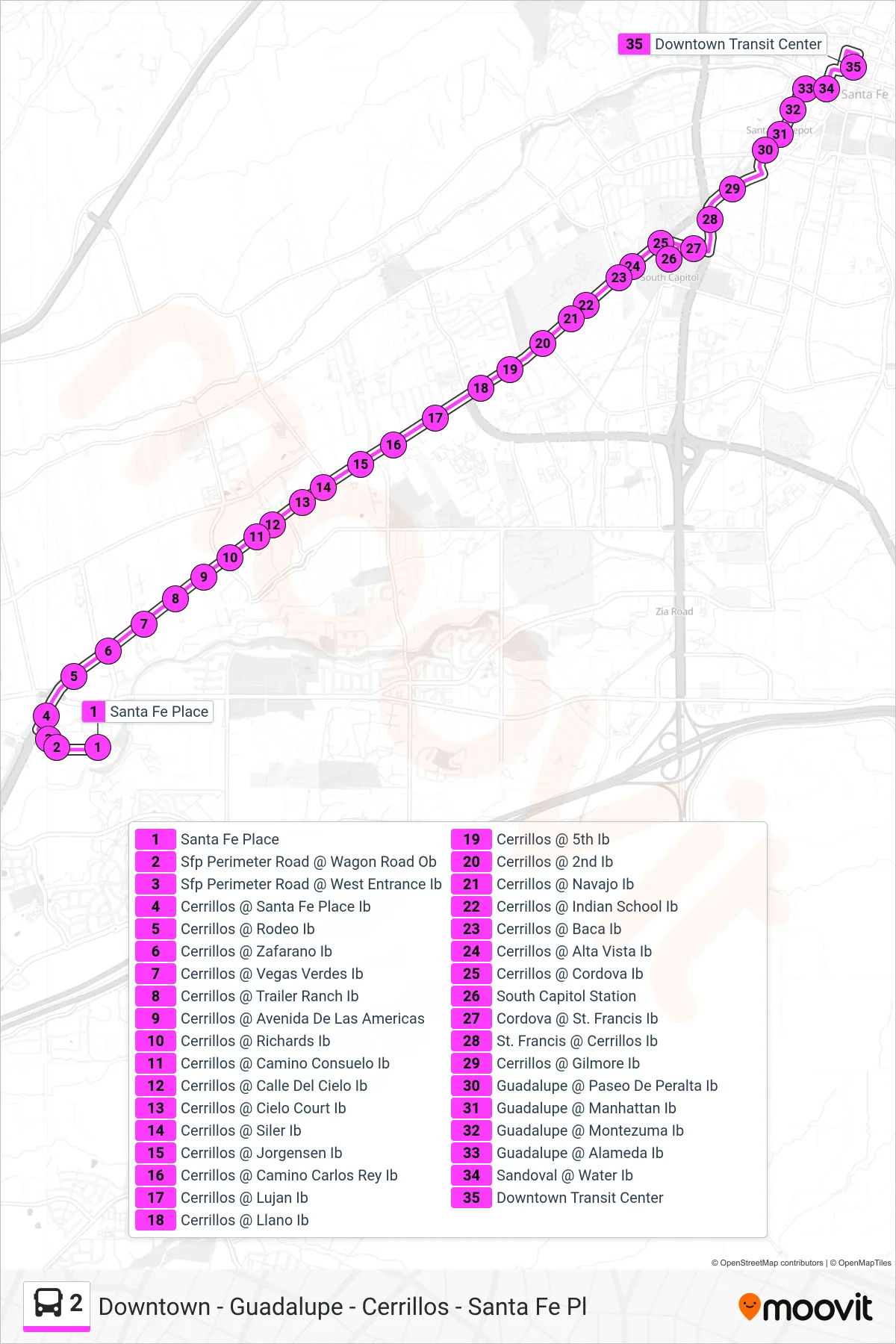 2 bus Line (Downtown Transit Center) route and stops on a map