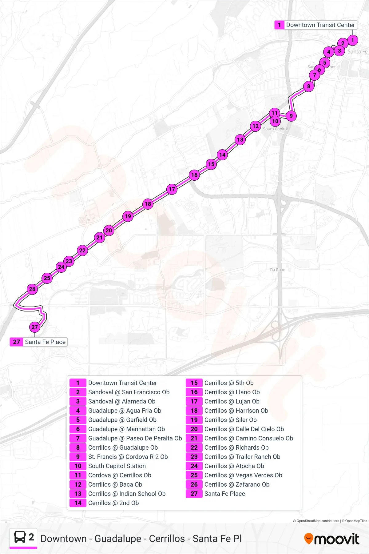 2 bus Line (Santa Fe Place) route and stops on a map