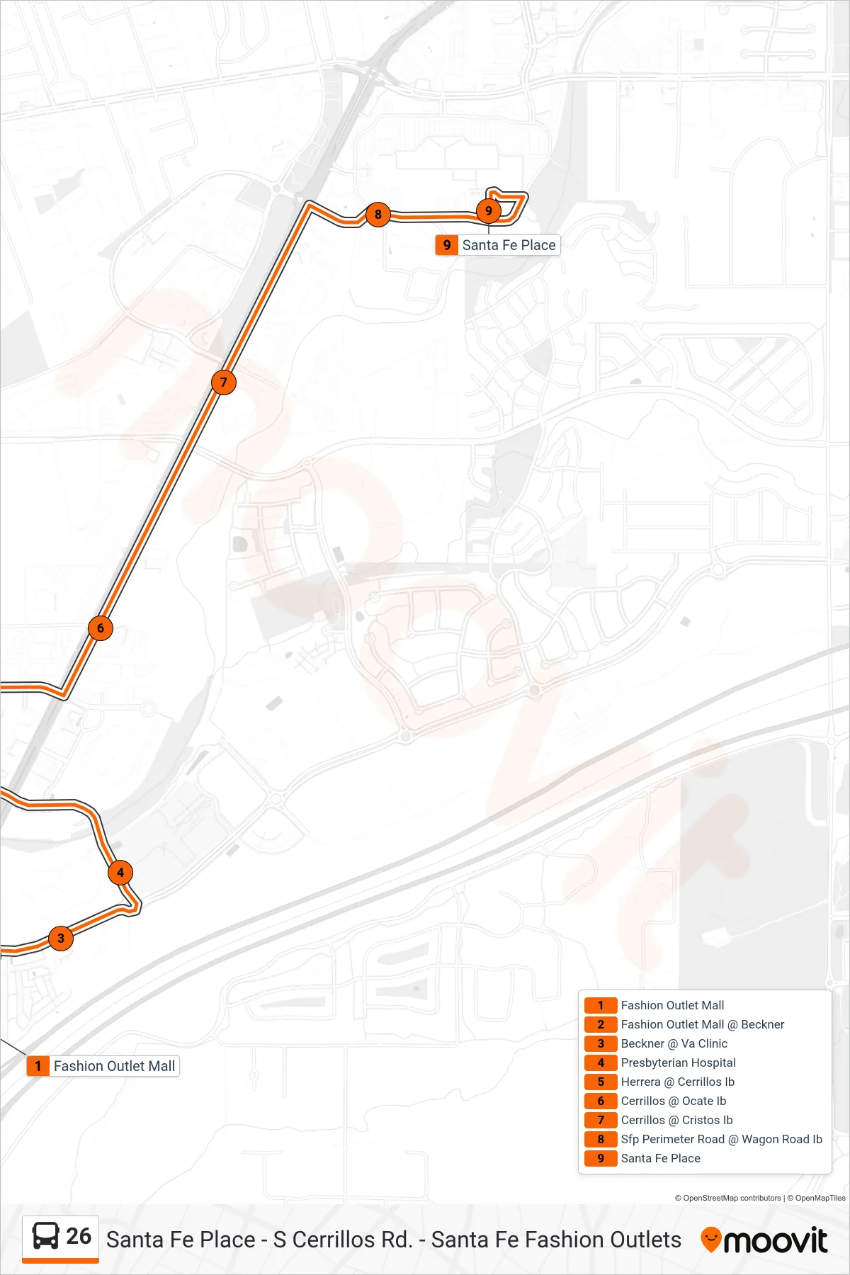 26 bus Line (Santa Fe Place) route and stops on a map