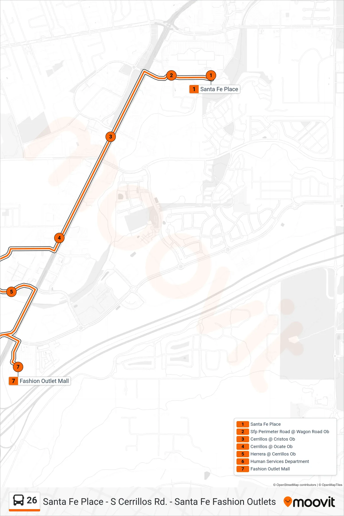 26 bus Line (Fashion Outlet Mall) route and stops on a map