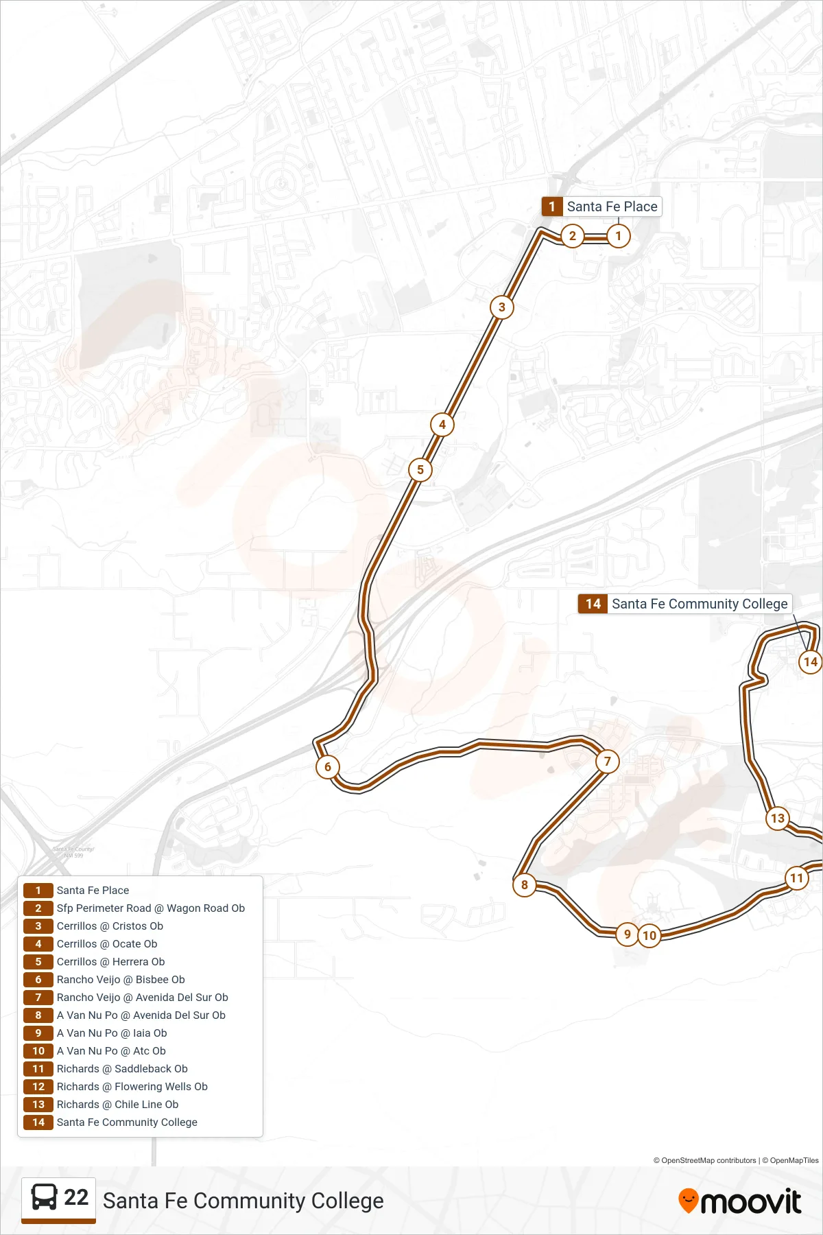 22 bus Line (Santa Fe Community College) route and stops on a map