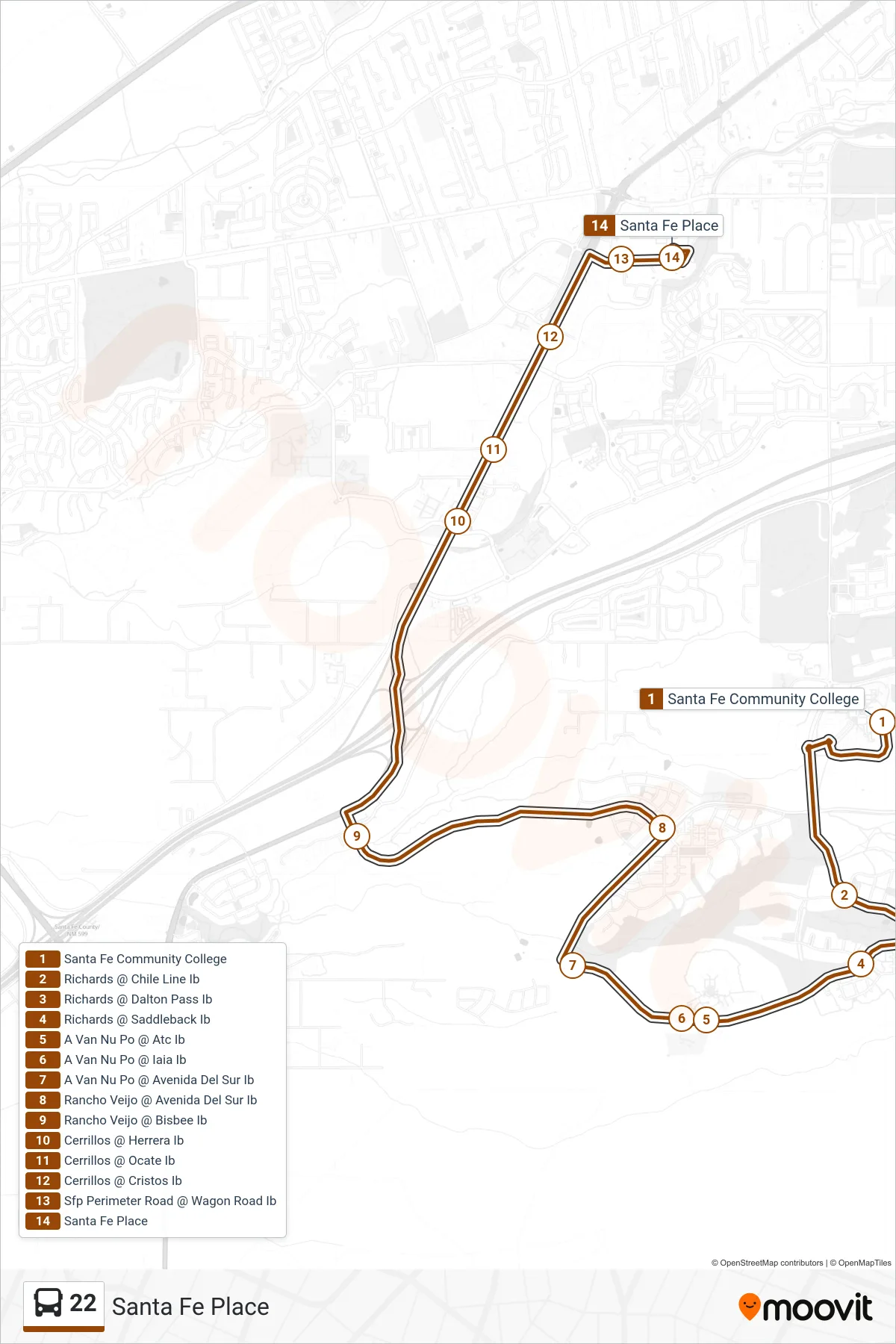 22 bus Line (Santa Fe Place) route and stops on a map