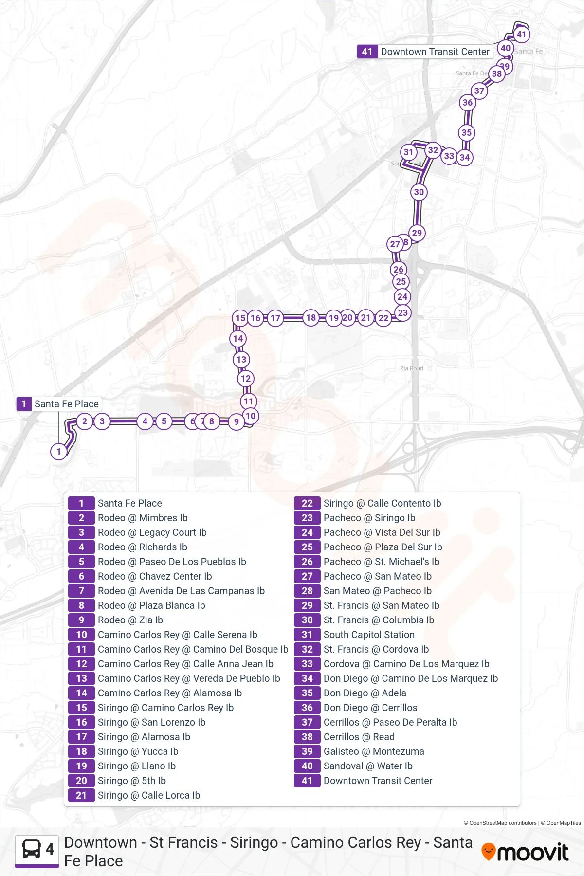 4 bus Line (Downtown Transit Center) route and stops on a map