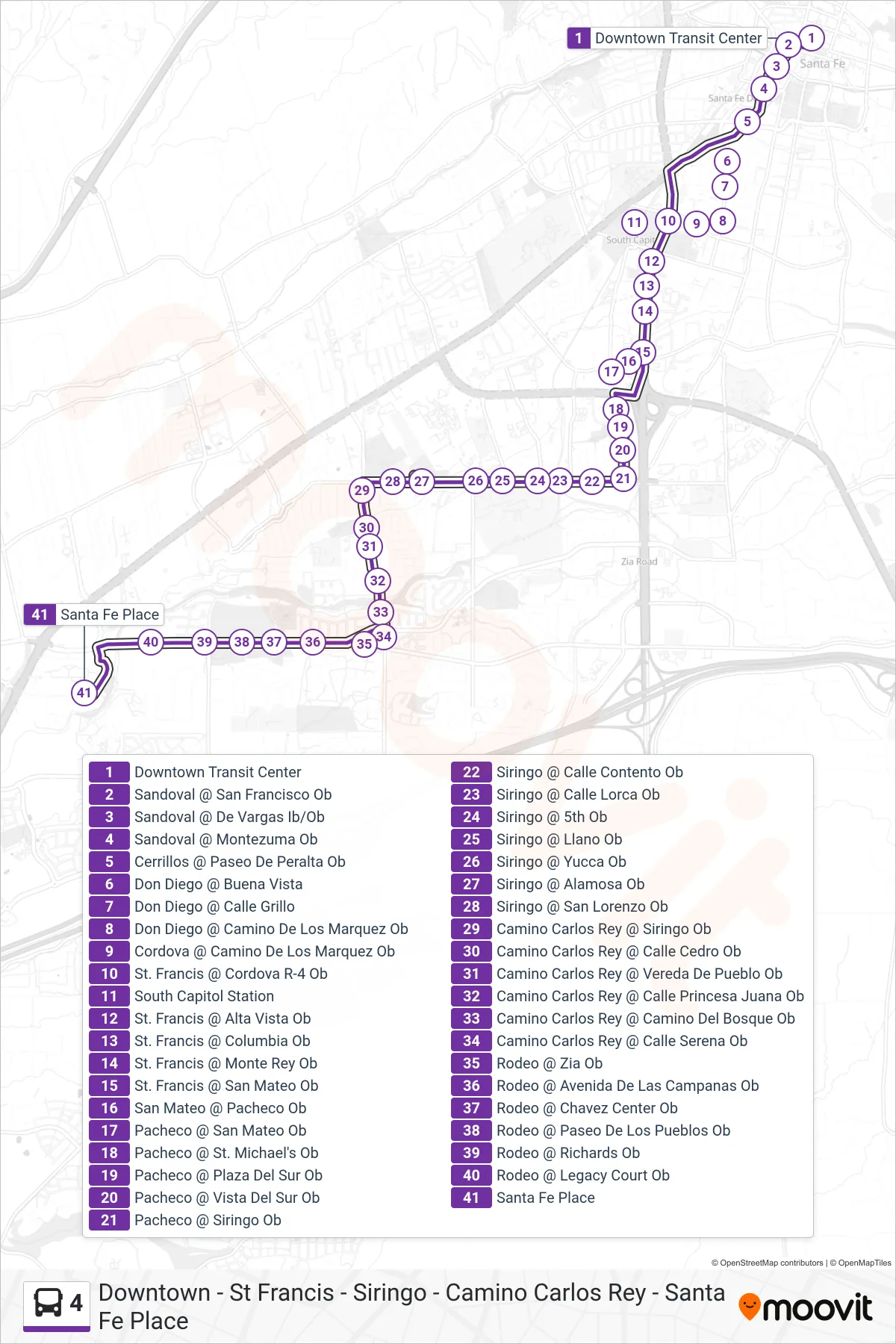 4 bus Line (Santa Fe Place) route and stops on a map
