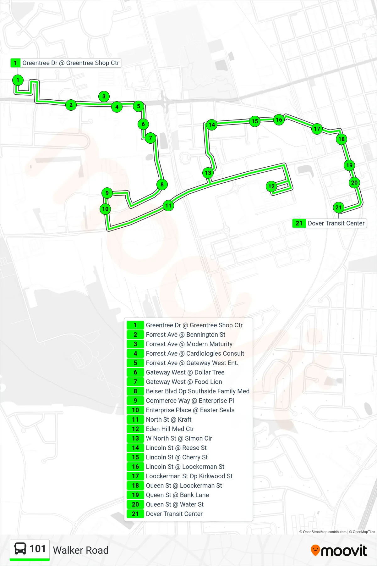 101 bus Line (101 Dover Transit Center) route and stops on a map