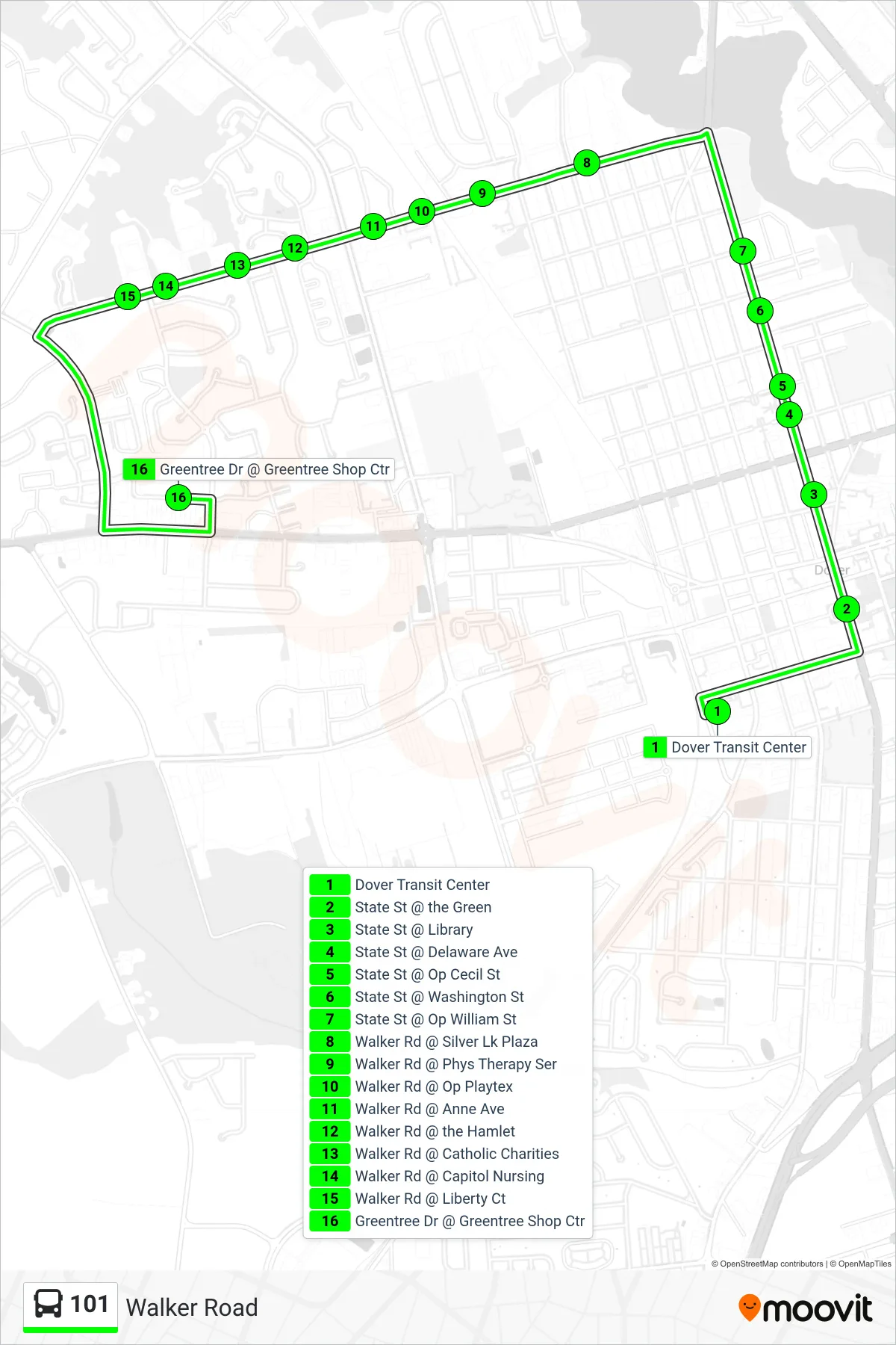 101 bus Line (101 Greentree Village) route and stops on a map