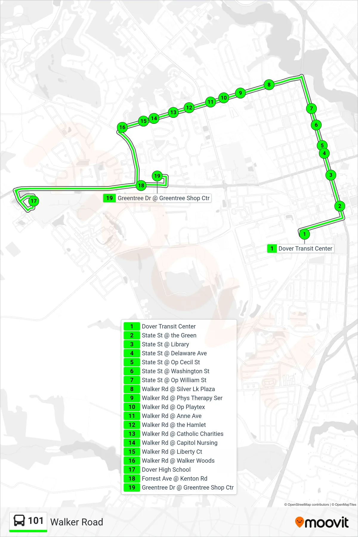 101 bus Line (101 Greentree Village - Dover H.S.) route and stops on a map