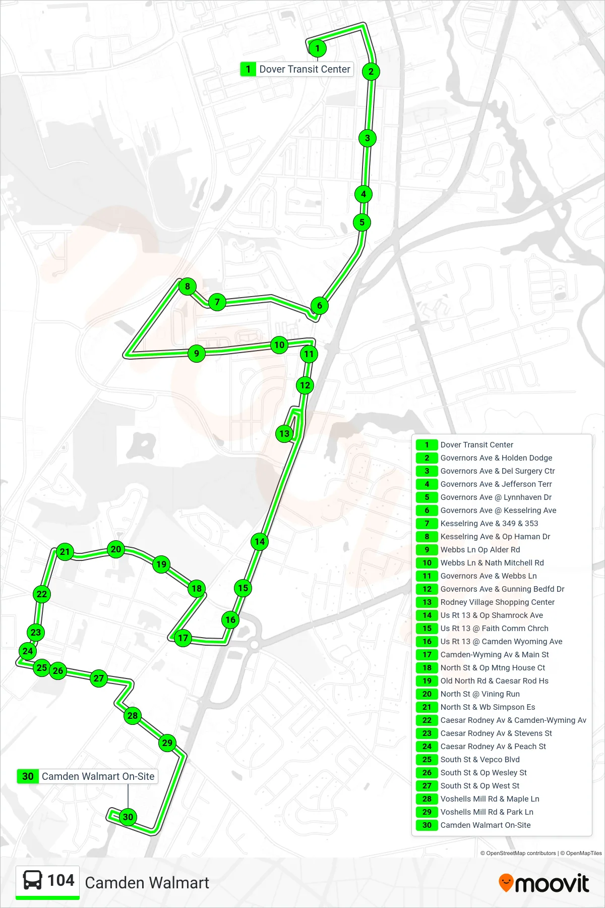 104 bus Line (104 Camden Walmart) route and stops on a map