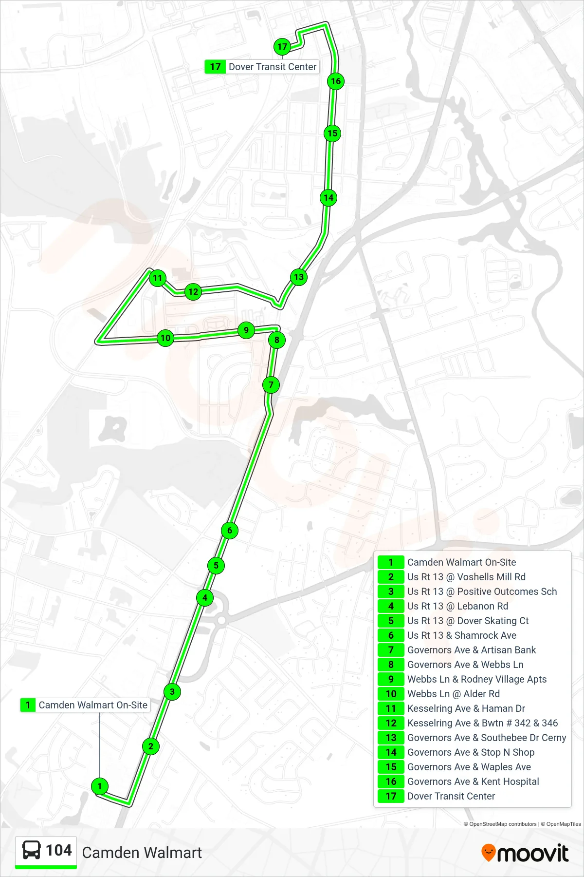 104 bus Line (104 Dover Transit Center) route and stops on a map