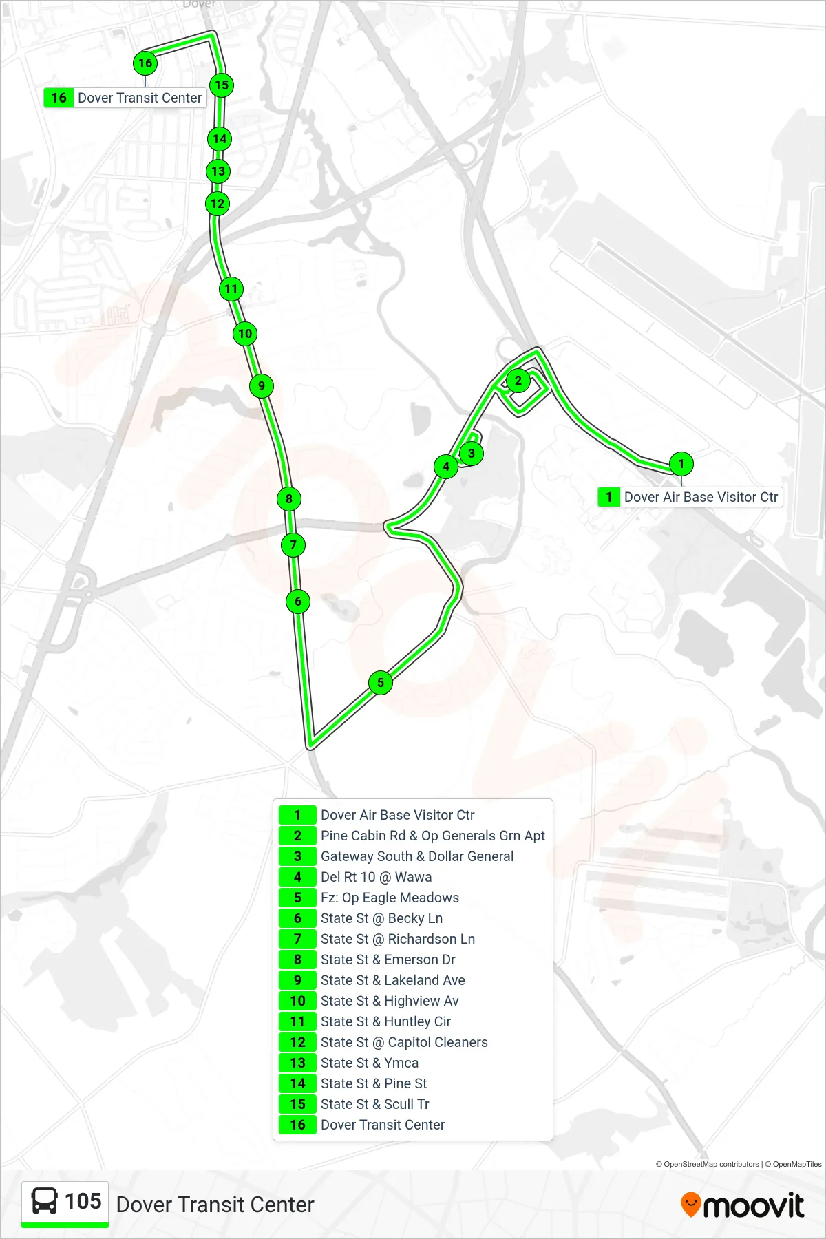 105 bus Line (Dover Transit Center) route and stops on a map