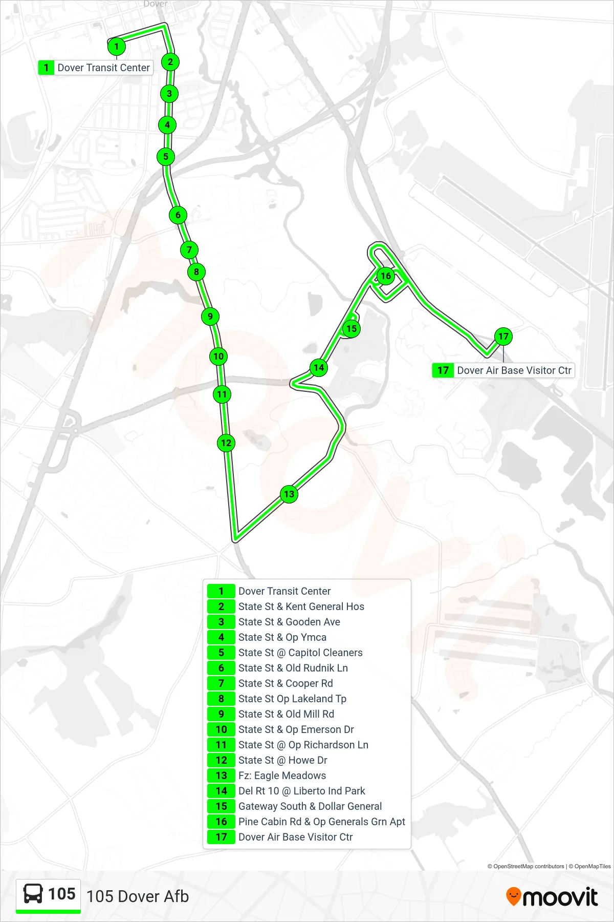 105 bus Line (105 Dover Afb) route and stops on a map